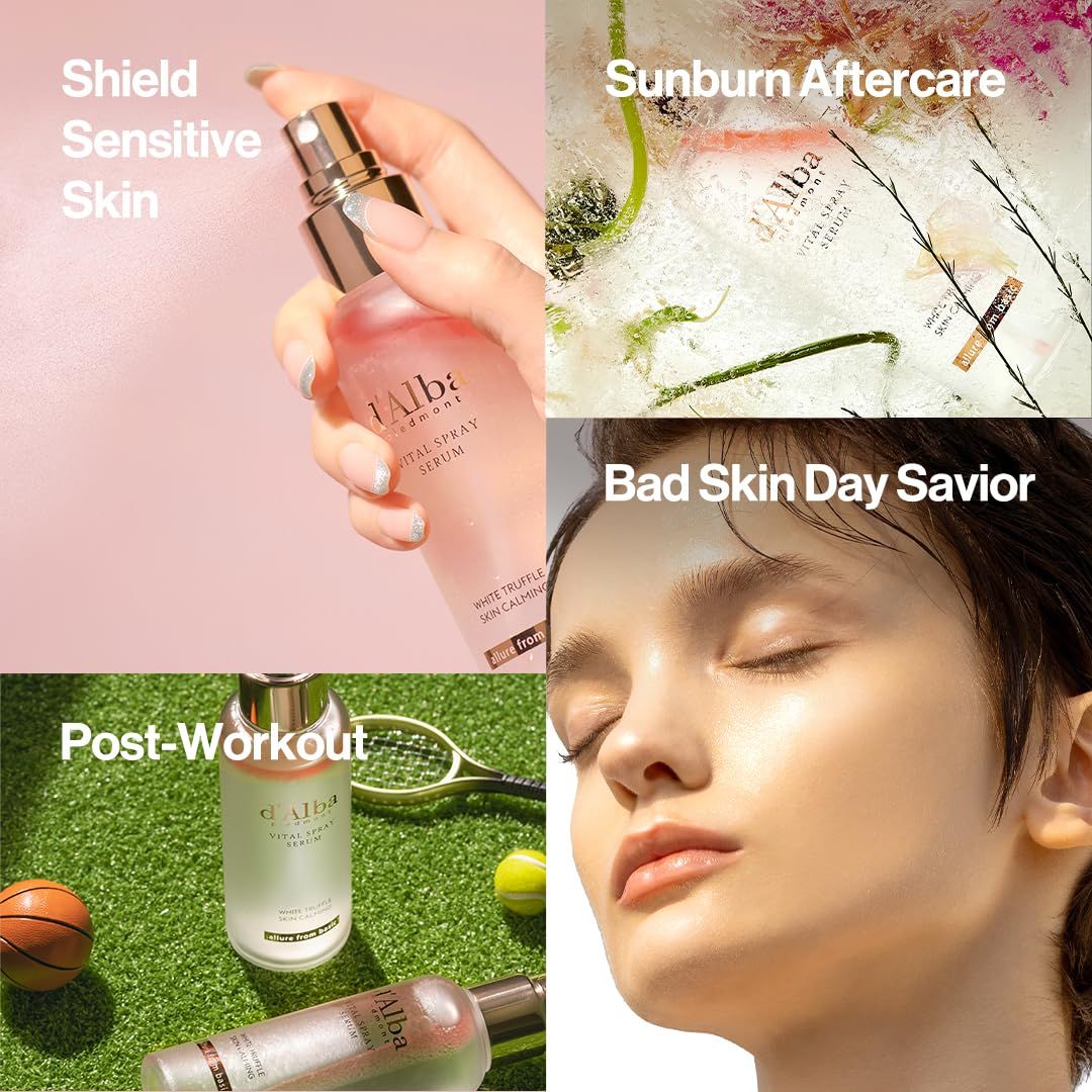 Quattro immagini. Flacone spray siero, donna che spruzza siero, donna con pelle, flacone siero su erba.