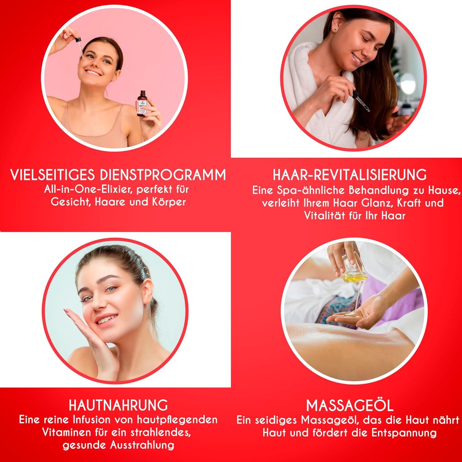 Quattro immagini. Donna con olio, donna con viso, donna con capelli, donna con massaggio. Testo: Elisir, rivitalizzazione, nutrimento, olio da massaggio.