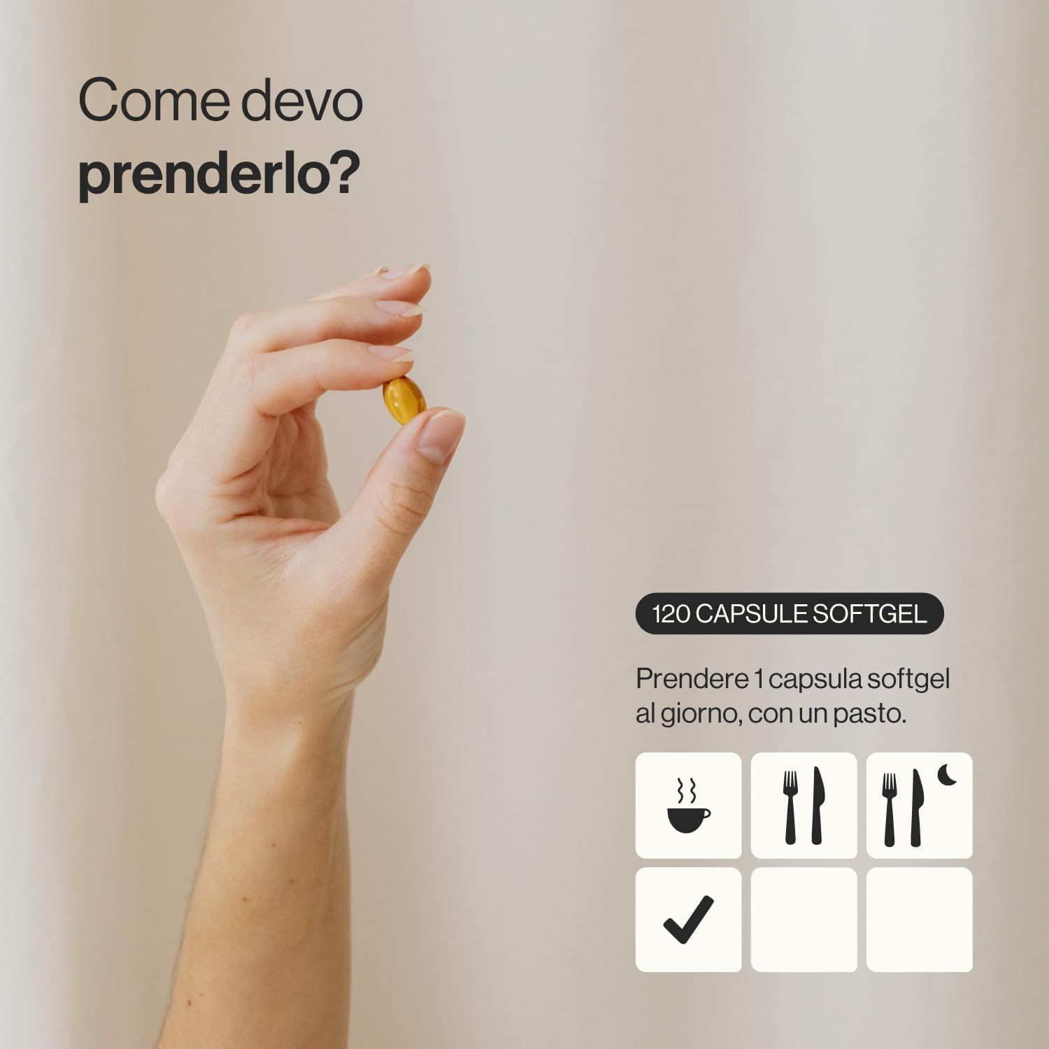 Mano che tiene una capsula gialla. Testo: 120 capsule softgel. Raccomandazioni per l'assunzione con simboli dei pasti.