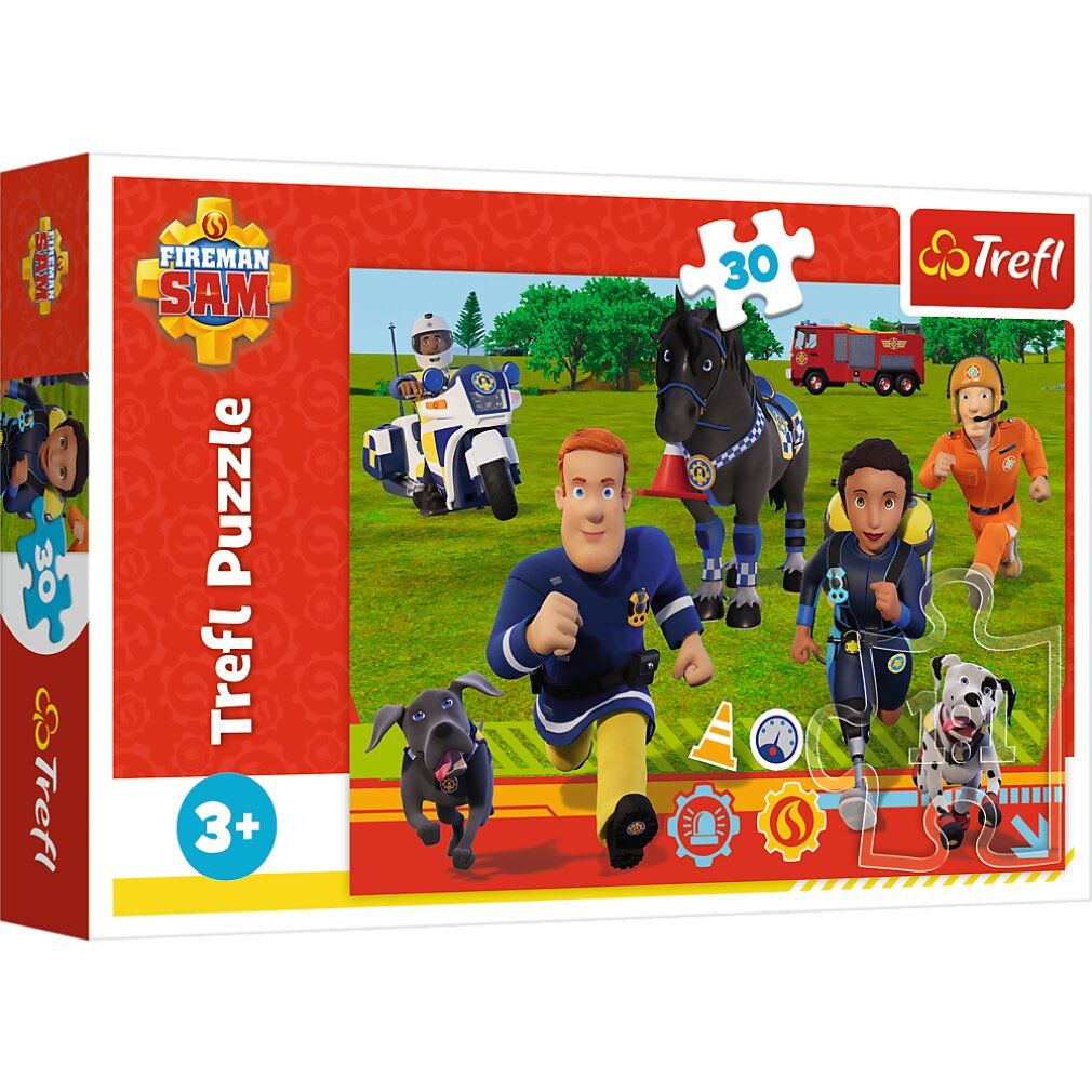 Scatola puzzle Sam il pompiere. Scritta: 30 pezzi, logo Trefl. Immagine dei pezzi con personaggi e veicoli.