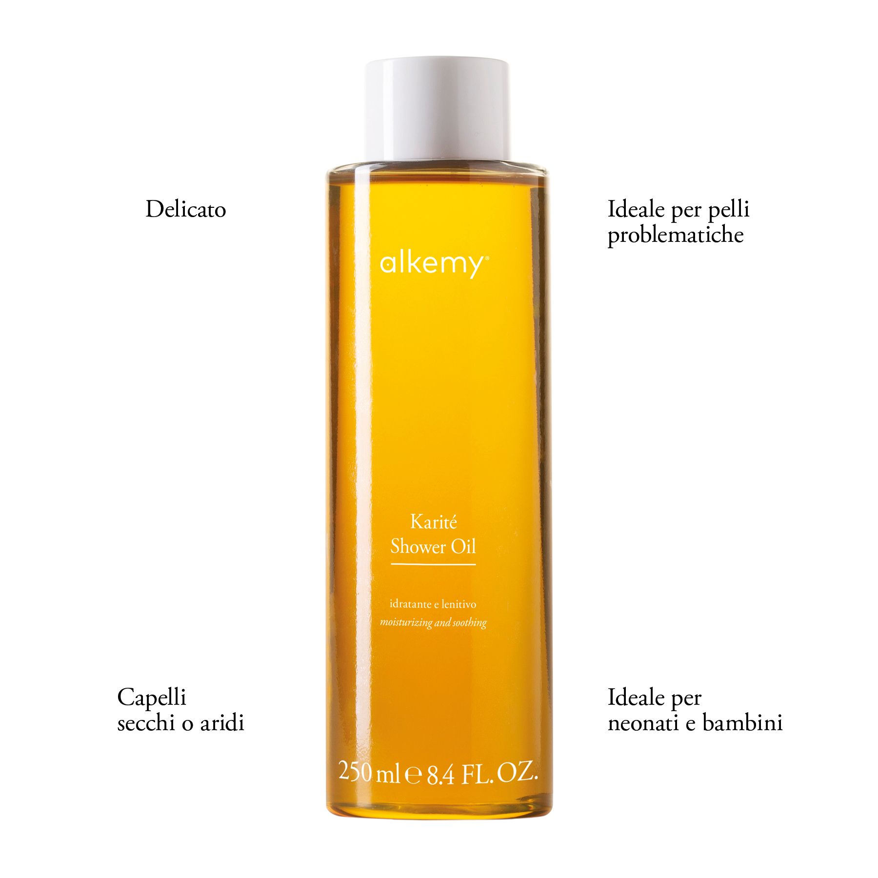 Bottiglia di olio doccia Alkemy Karité con indicazioni d'uso e ingredienti.
