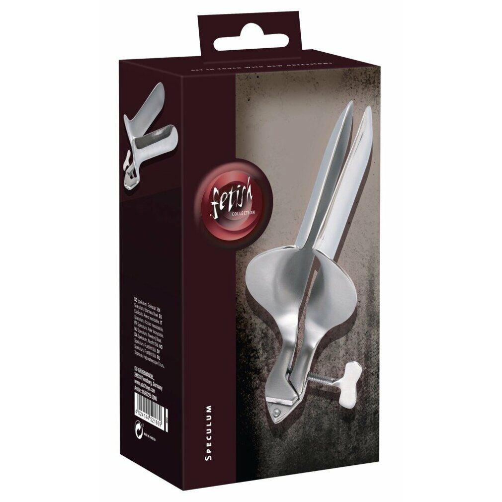 Speculum vaginale nella confezione. Scatola con immagine del prodotto. Marchio: fetish. Scritta: Speculum.
