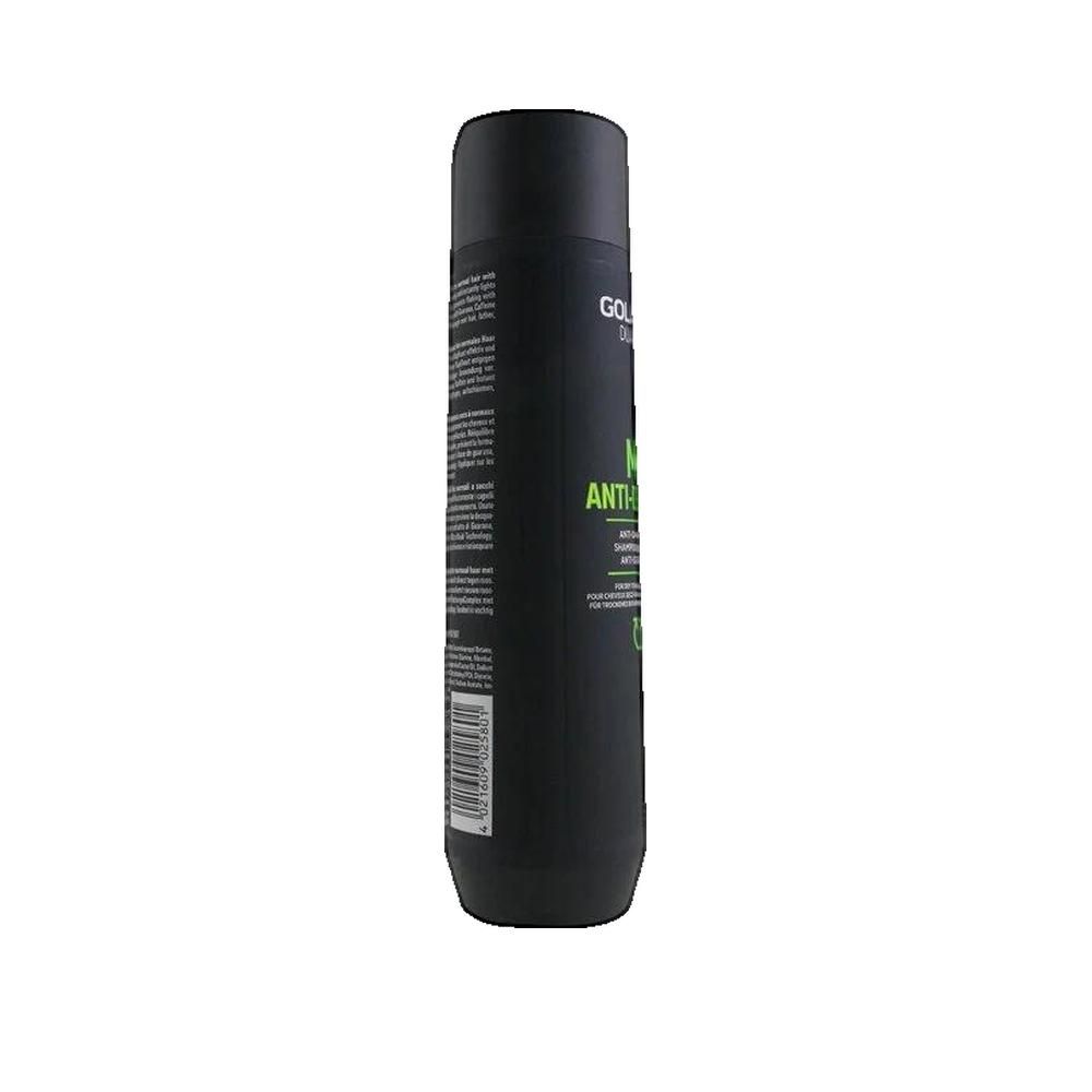 Flacone di shampoo nero con testo verde e bianco. Scritta: MEN ANTI-DANDRUFF. Vista laterale.