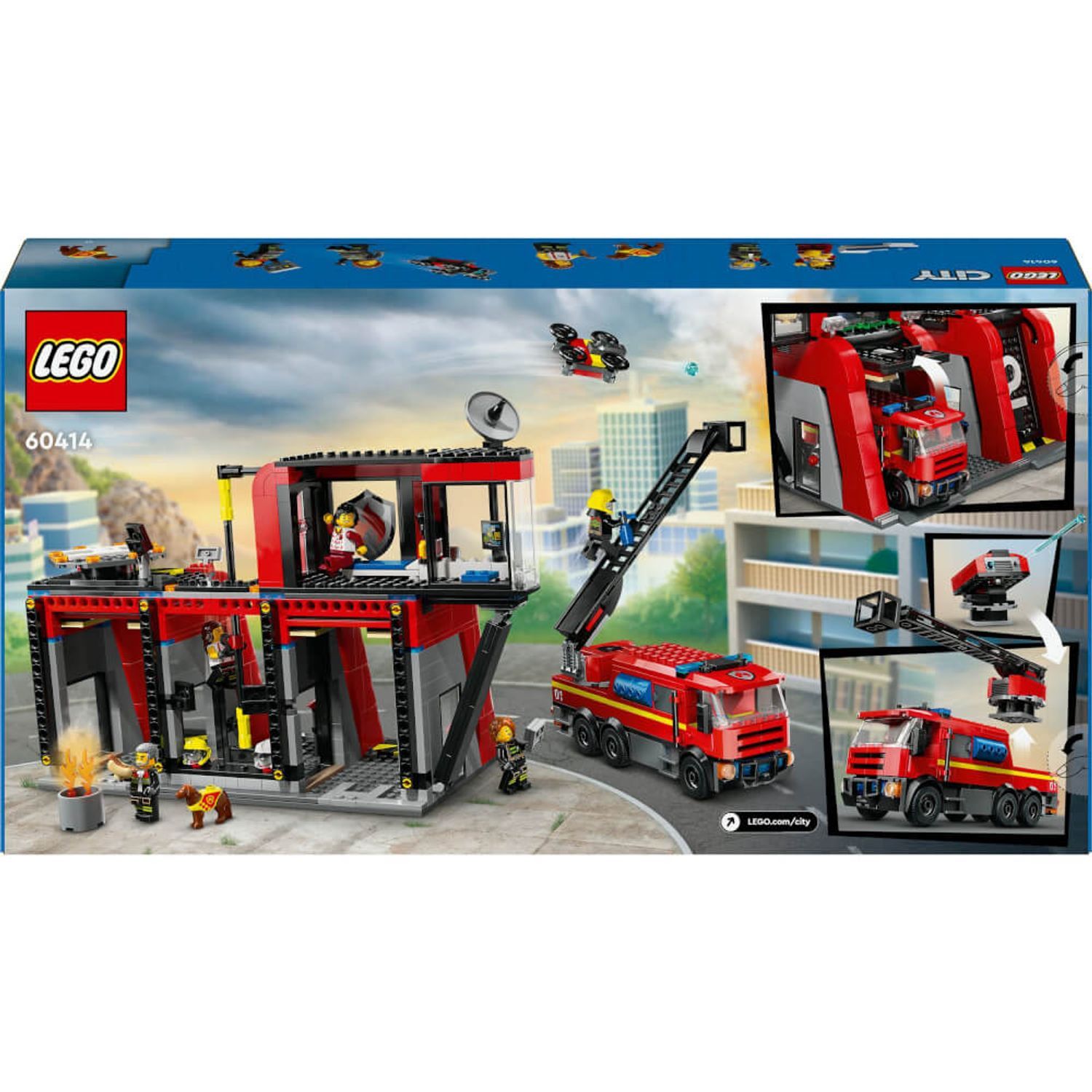 Set LEGO City. Caserma dei pompieri rossa con autopompa e personaggi. Diverse viste, inclusi dettagli e scene di gioco.