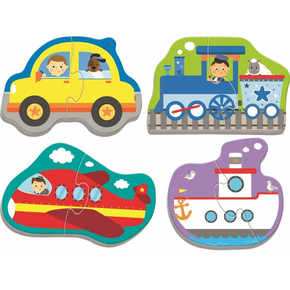 Quattro puzzle con nave, aereo, auto e treno. Ogni puzzle è composto da due pezzi. Diversi veicoli.