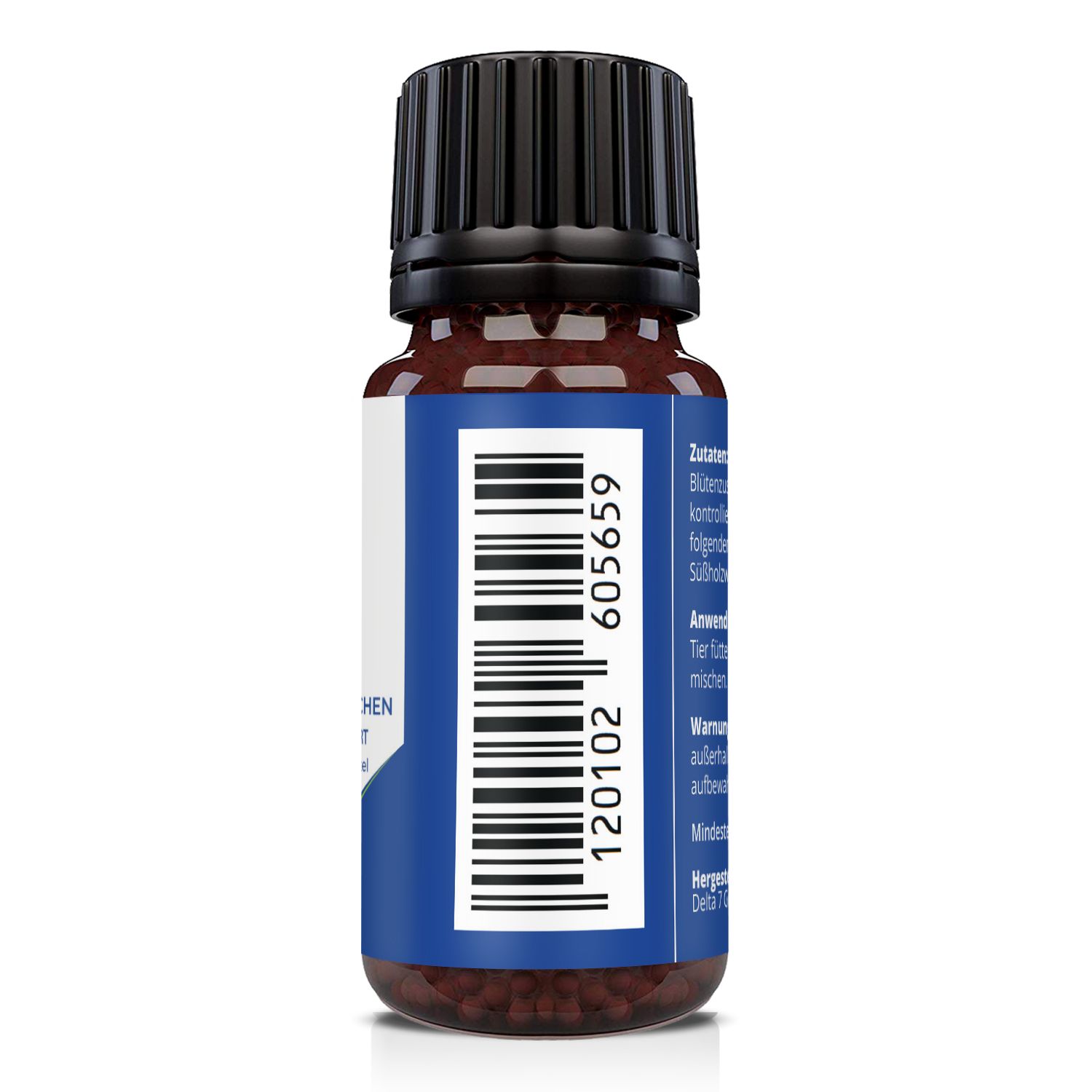 Flacone marrone con tappo nero. Retro con etichetta blu e codice a barre. Testo: Scadenza, produttore.