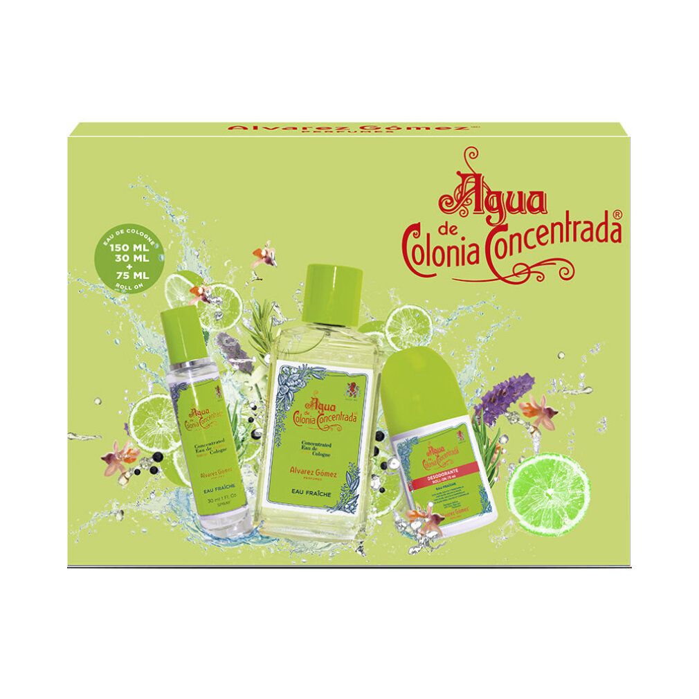 Confezione regalo Alvarez Gómez con flacone, roll-on e spray. Scritta: Agua de Colonia Concentrada. Confezione verde.