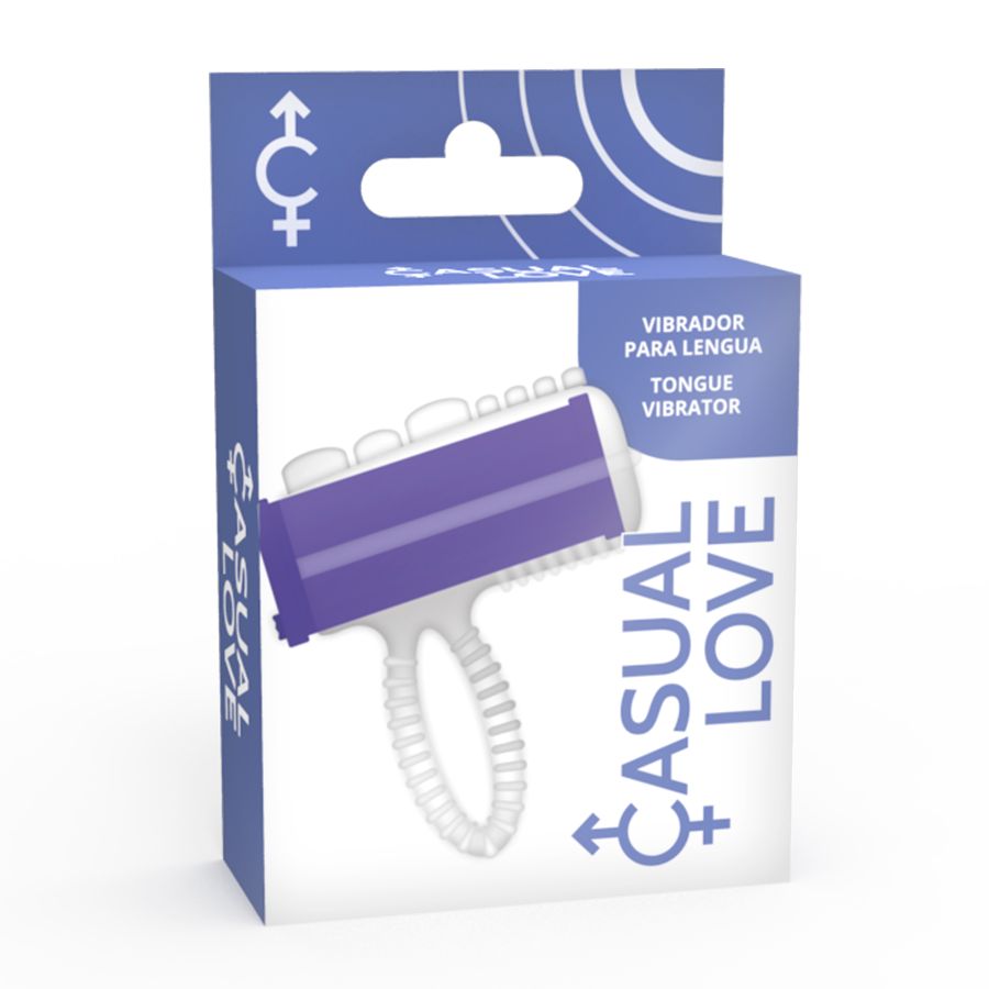 Vibratore viola e bianco con anello nella sua confezione.