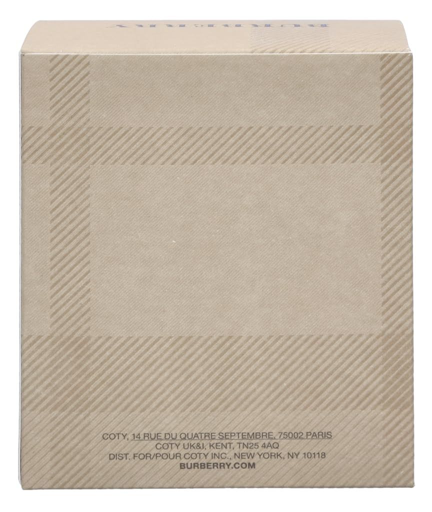 Confezione in cartone beige con motivo a quadri. Testo: COTY, BURBERRY.com. Vista posteriore.