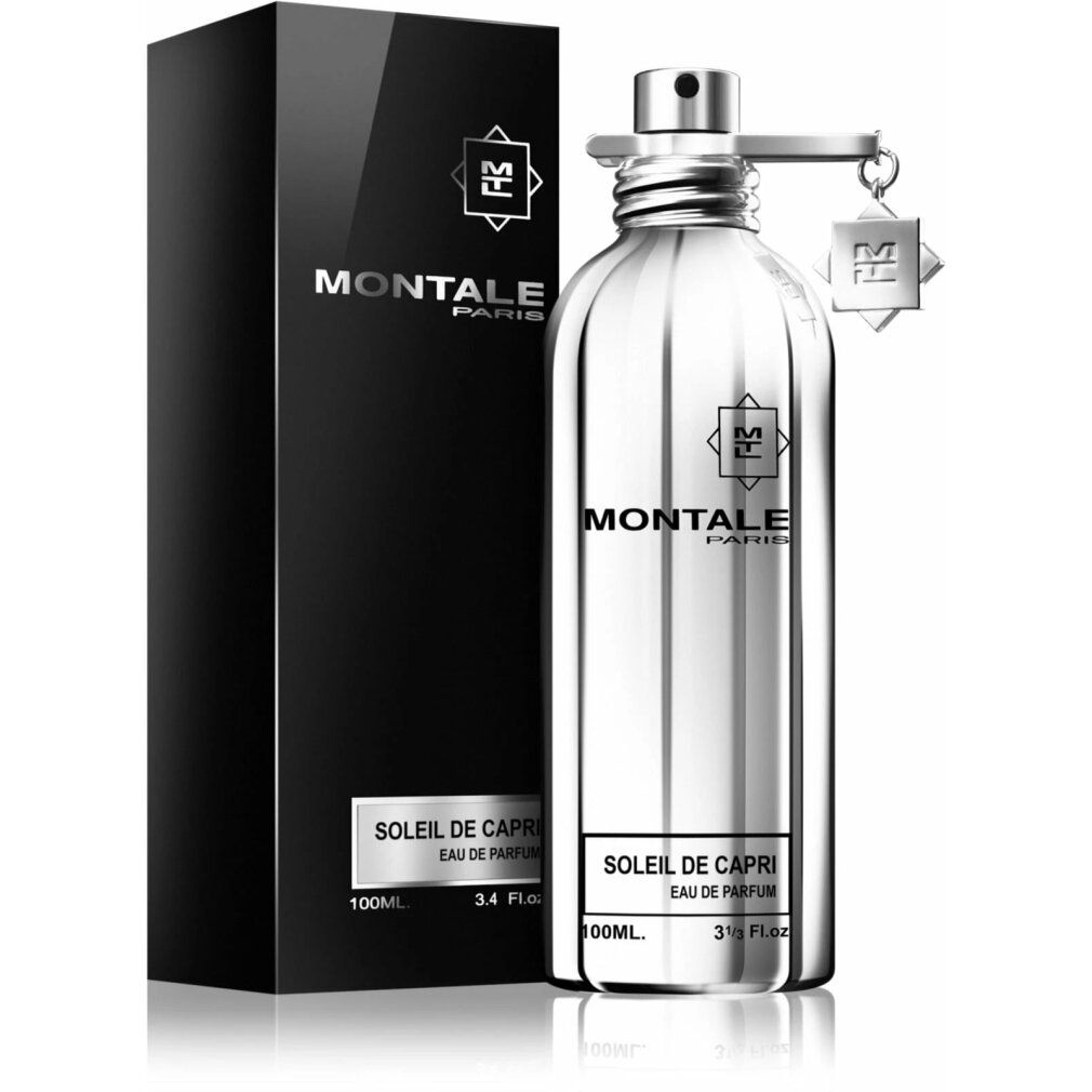 Flacone argentato con confezione nera. Scritta: Montale Paris, Soleil de Capri. Ciondolo con logo.