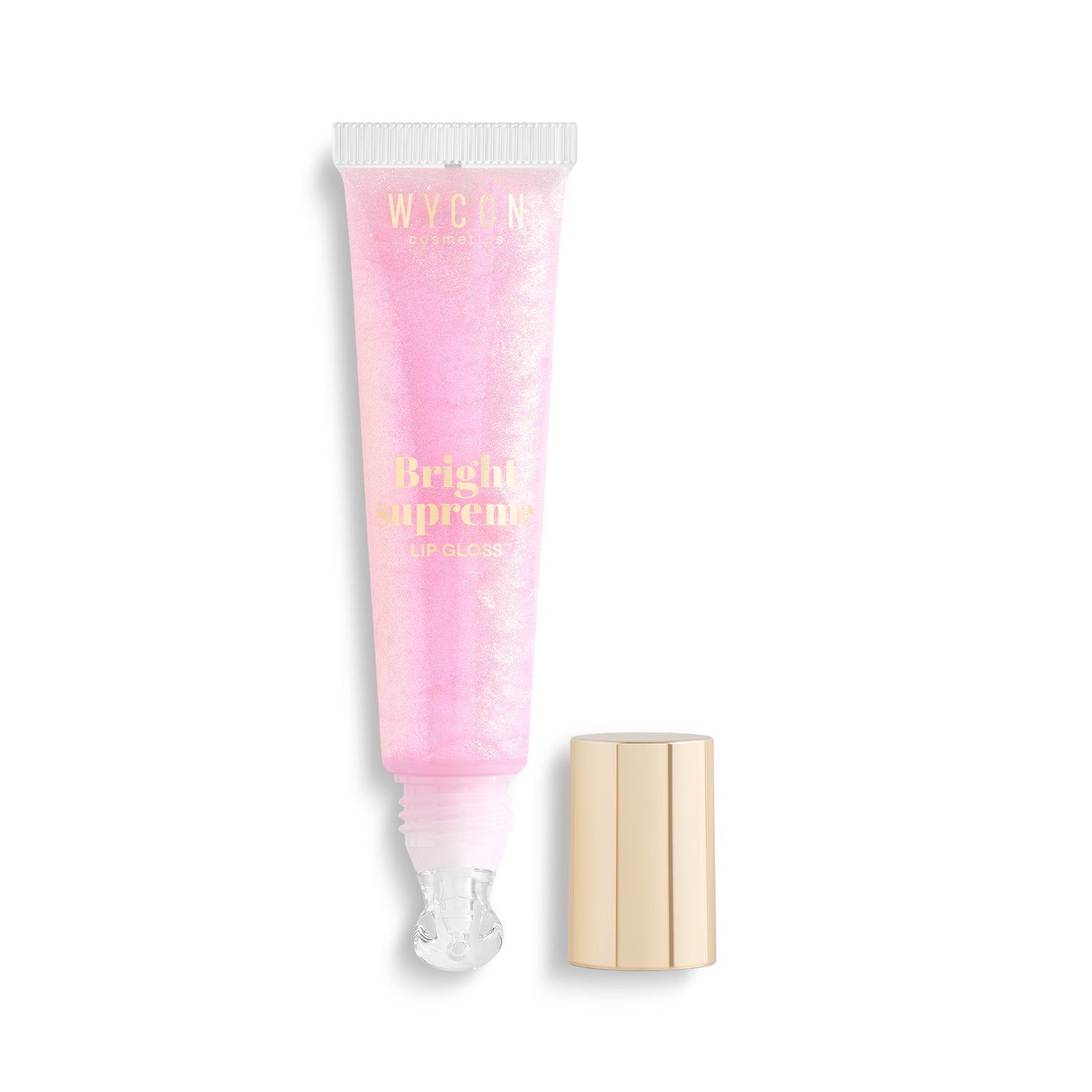 Lucidalabbra WYCON Cosmetics. Tubetto rosa, tappo dorato accanto. Applicatore visibile.