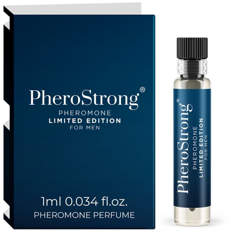 PheroStrong Pheromone Profumo Limited Edition per uomo, 1ml. Flaconcino e confezione in cartone.