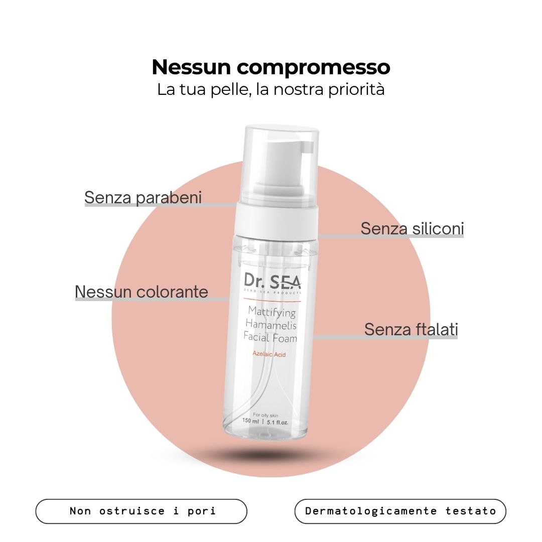 Prodotto con erogatore bianco. Testo: Dr. SEA, Mattifying Hamamelis Facial Foam. Senza parabeni, siliconi, ecc.