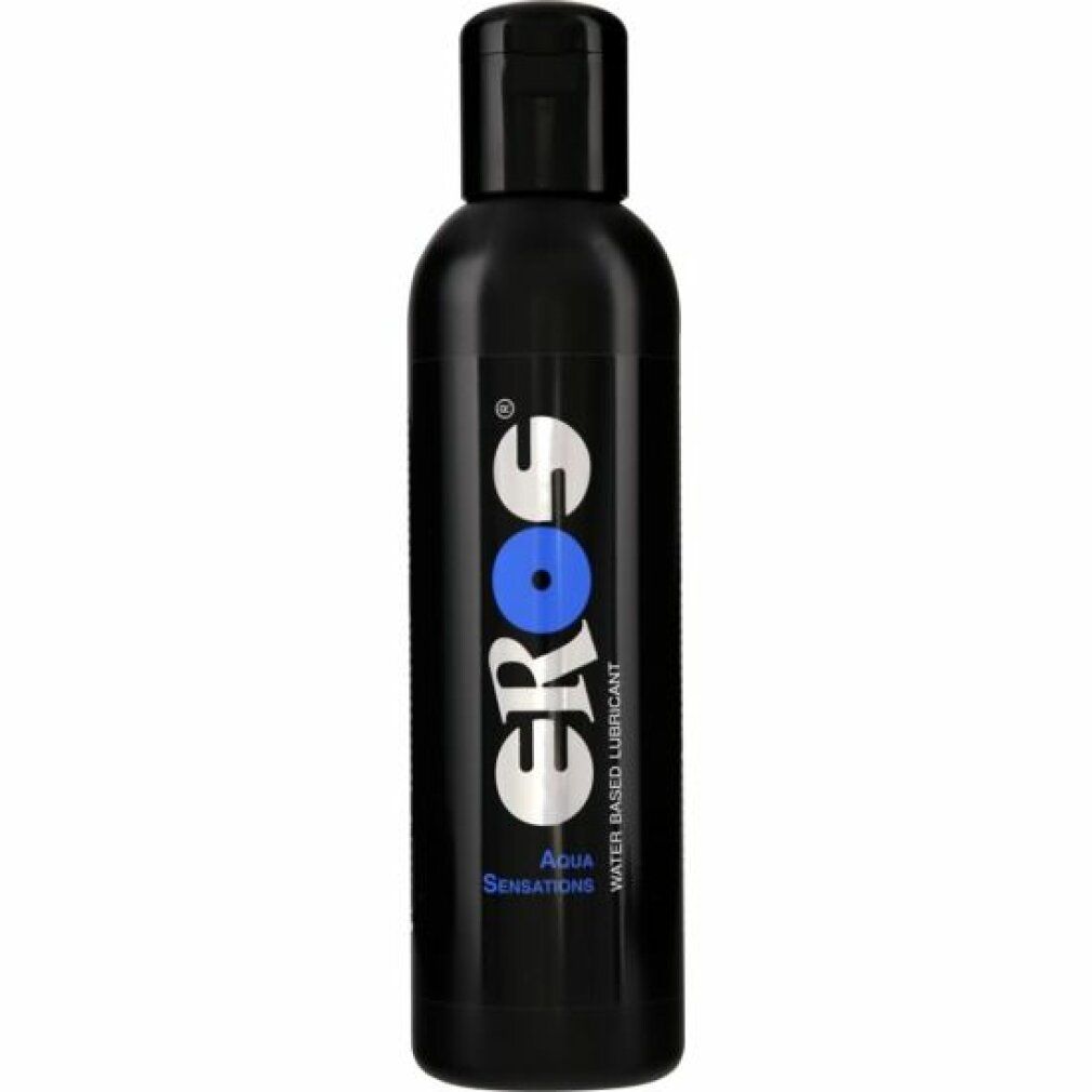 Flacone nero con tappo a ribalta. Scritta EROS, Aqua Sensations e Water Based Lubricant.