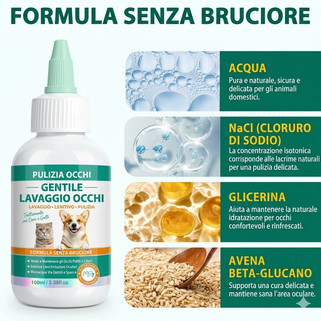 Flacone di lavaggio oculare con ingredienti: acqua, cloruro di sodio, glicerina, beta-glucano di avena. Testo: Formula Senza Bruciore.