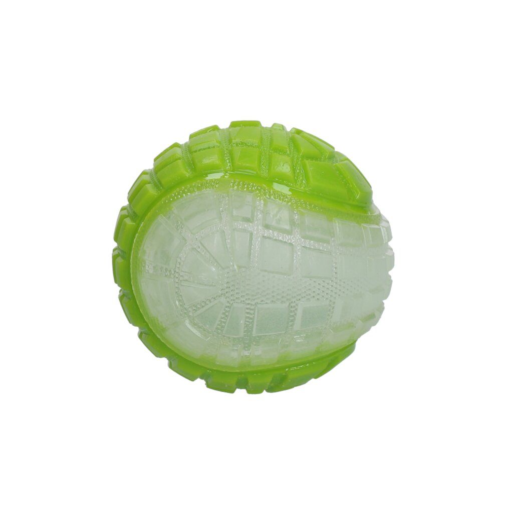 Palla verde luminosa con nucleo trasparente. Superficie con motivi quadrati e bordi in rilievo. Per cani.