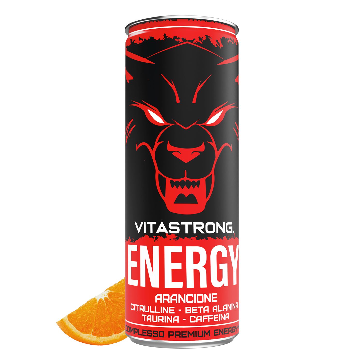 Lattina Vitastrong Energy Orange. Lattina rossa con volto di lupo nero. Fetta d'arancia.