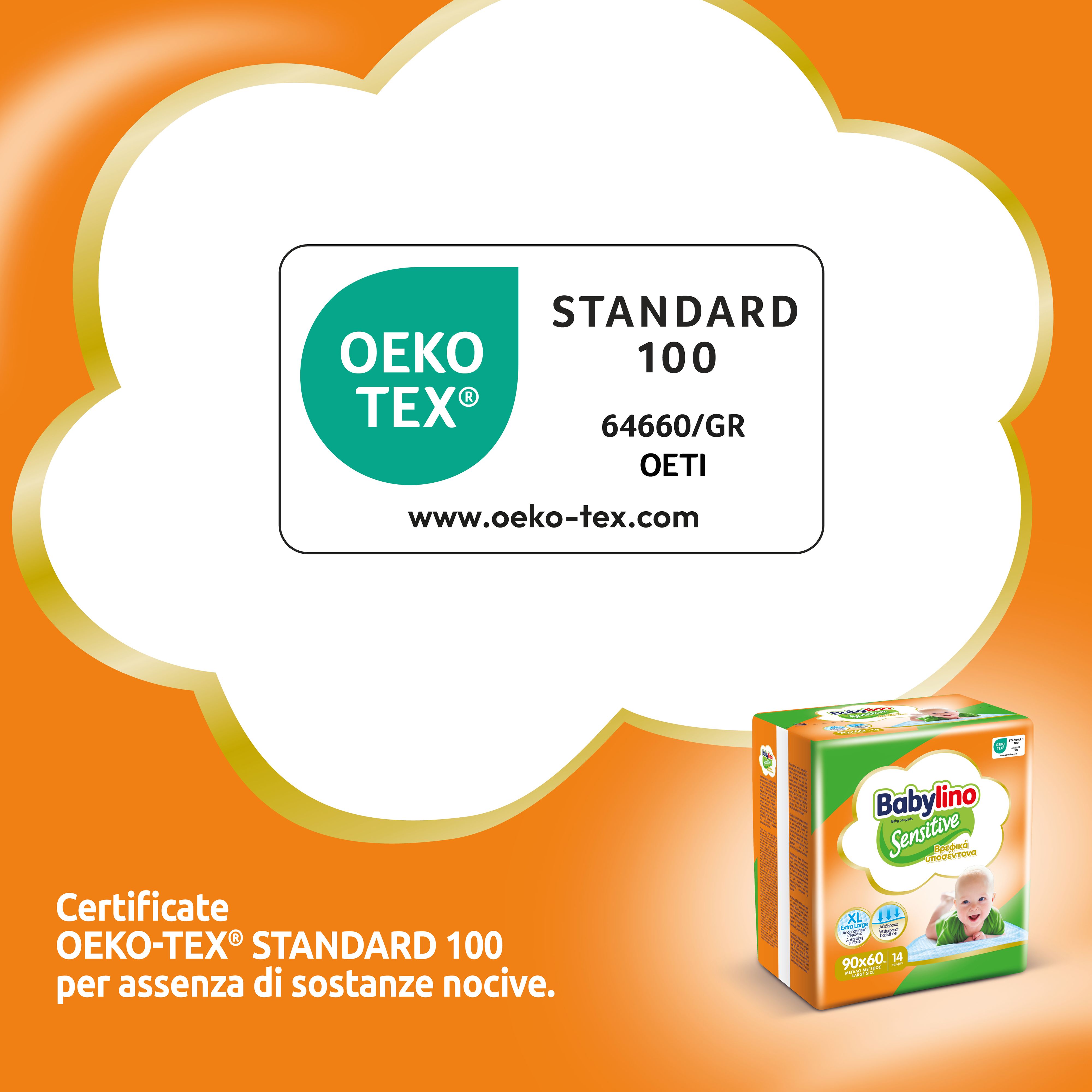 Certificato Oeko-Tex Standard 100 su confezione Babylino Sensitive. Testo: Oeko-Tex Standard 100, 64660/GR OETI.