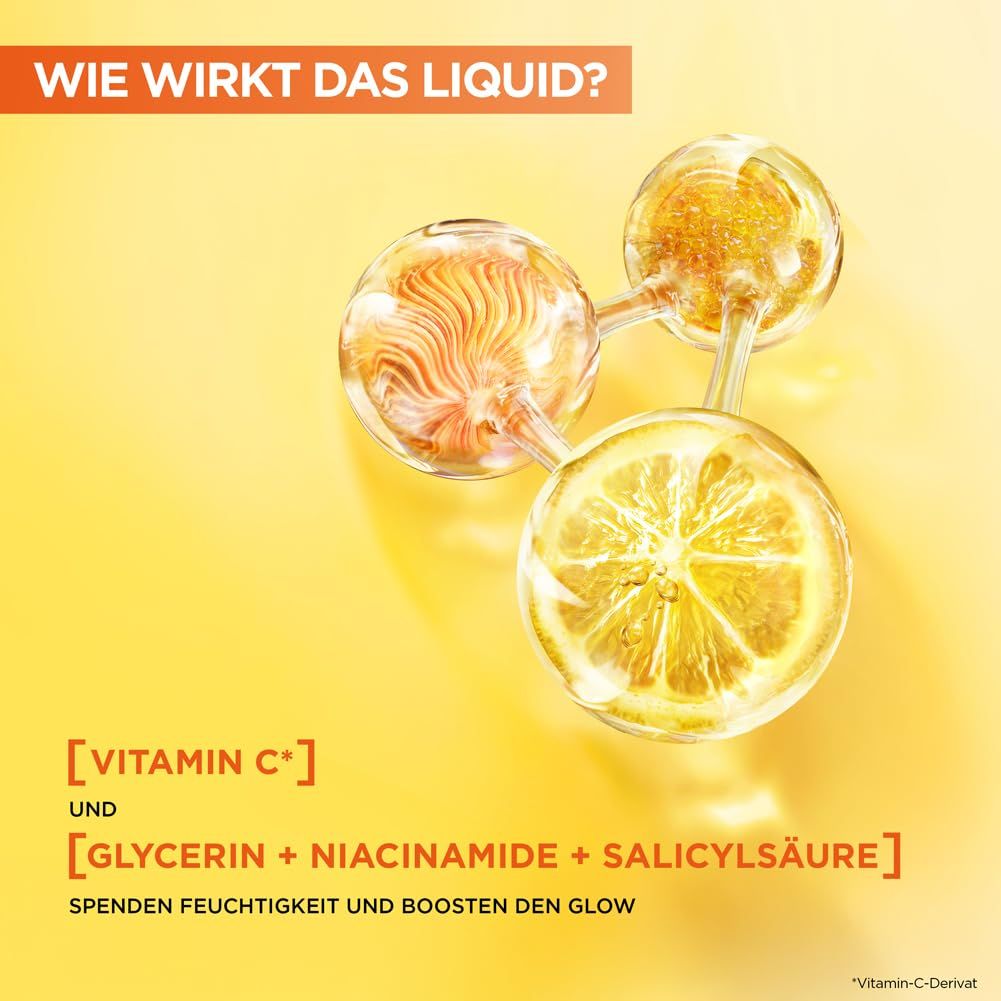 Grafica su sfondo giallo. Rappresentazione di molecole e un limone. Testo: Vitamina C, Glicerina, Niacinamide, Acido salicilico.