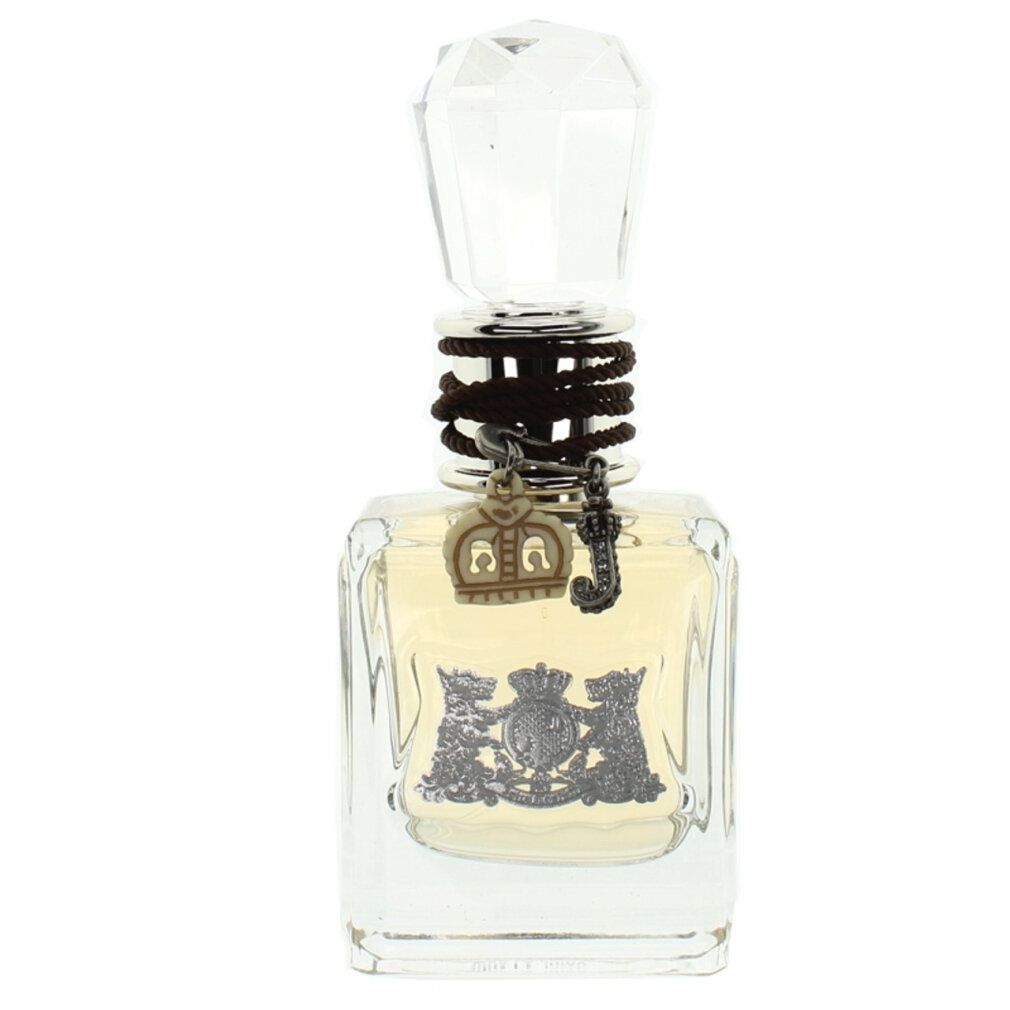 Flacone Juicy Couture Eau de Parfum con ciondoli. Flacone quadrato in vetro con stemma argentato, laccio e ciondoli.