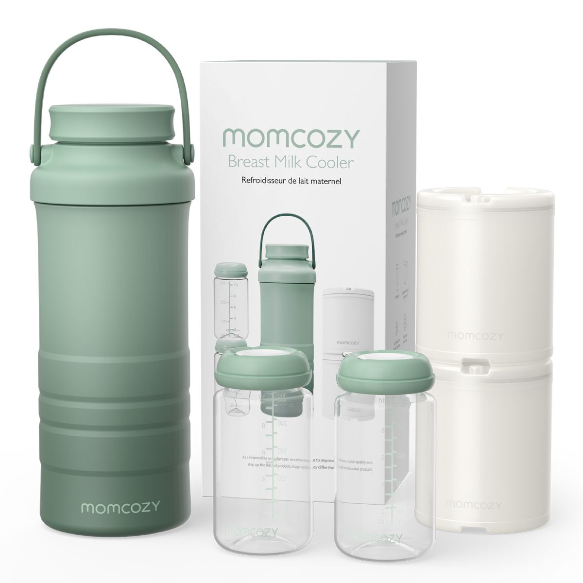 Momcozy refrigeratore per latte materno verde, biberon e confezione. Sulla confezione: Momcozy, Breast Milk Cooler.