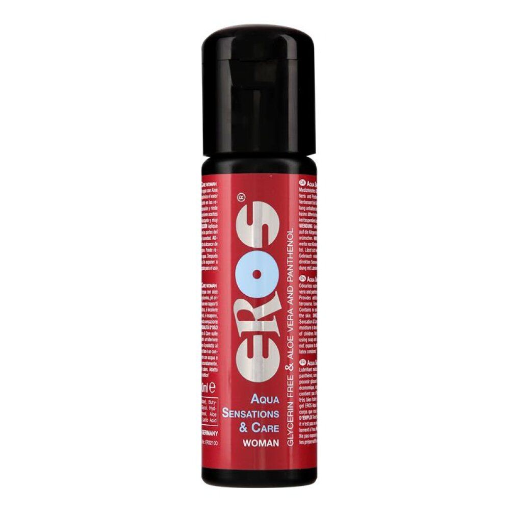 Lubrificante EROS Aqua Sensations & Care Woman in flacone rosso con tappo nero.