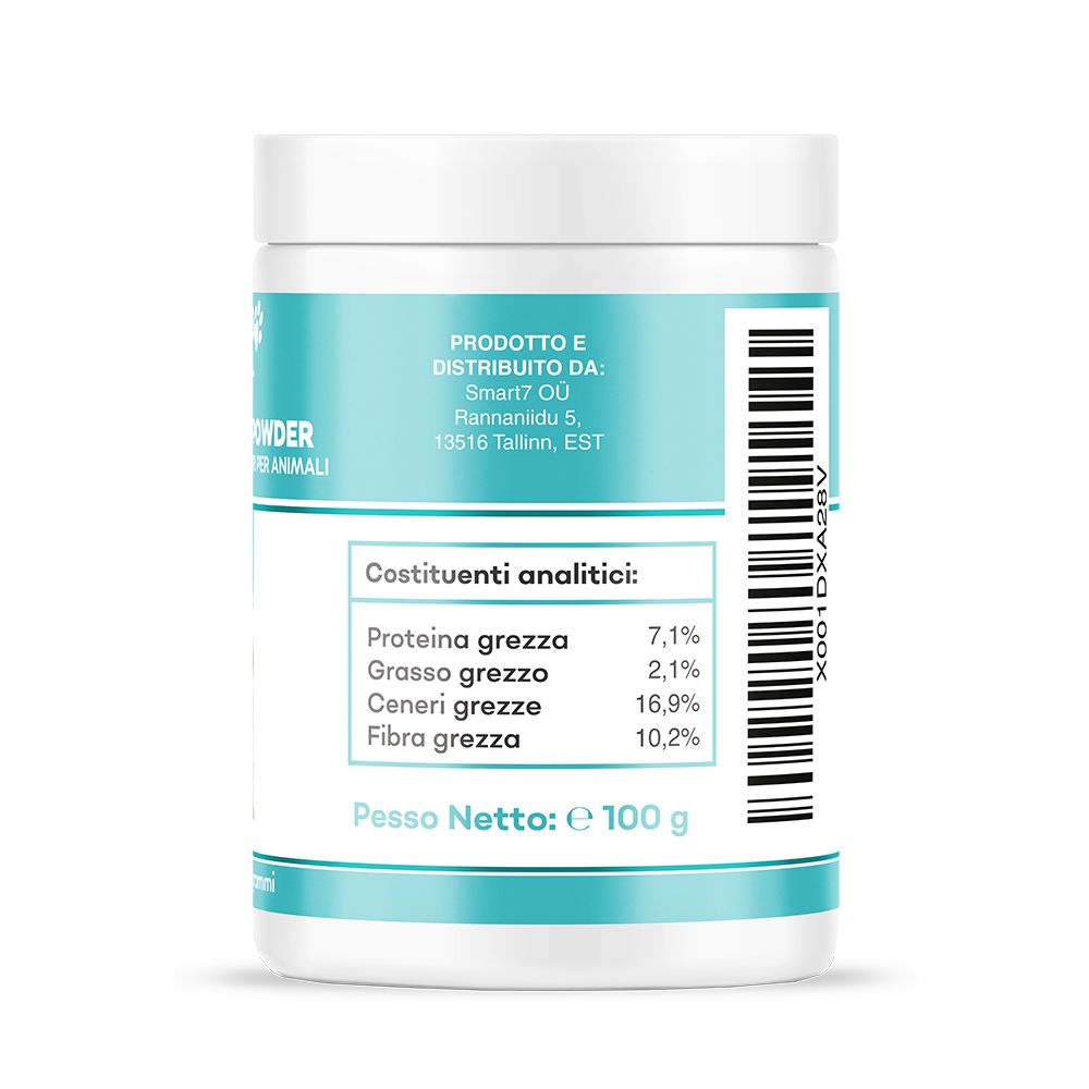 Barattolo bianco con etichetta blu. Scritta: Hello Animal, Dental Care Powder. Componenti analitici e Pesso Netto: 100 g.
