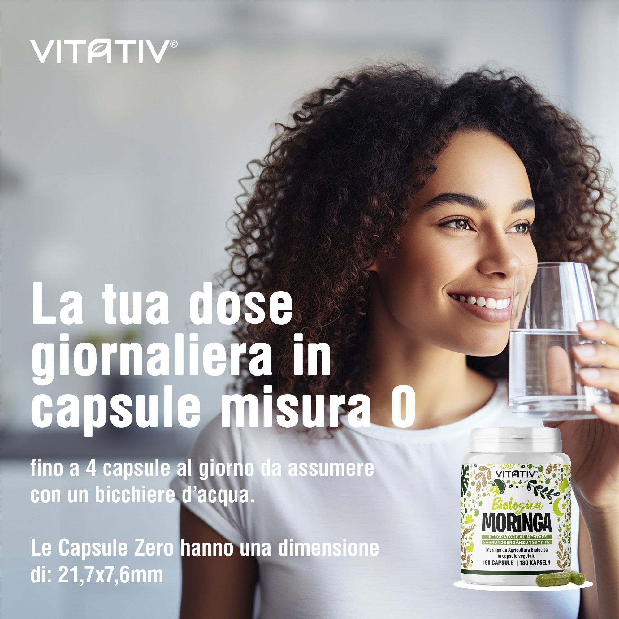 Capsule Vitativ Moringa, 100 pezzi. Misura 0, 21,7x7,6mm.