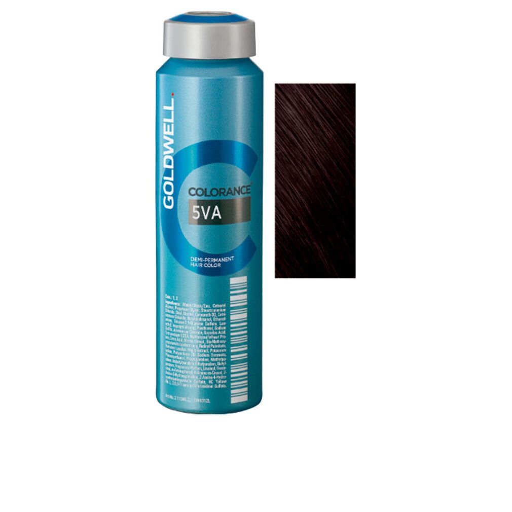 Flacone Goldwell Colorance 5VA. Campione colore a destra. Scritta: Tinta semipermanente. Confezione blu-argento.