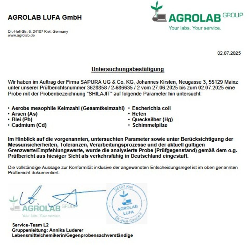Documento di certificazione di AGROLAB LUFA GmbH. Analisi di: carica batterica mesofila aerobica, E. coli, arsenico, piombo, cadmio, lieviti, mercurio, muffe.