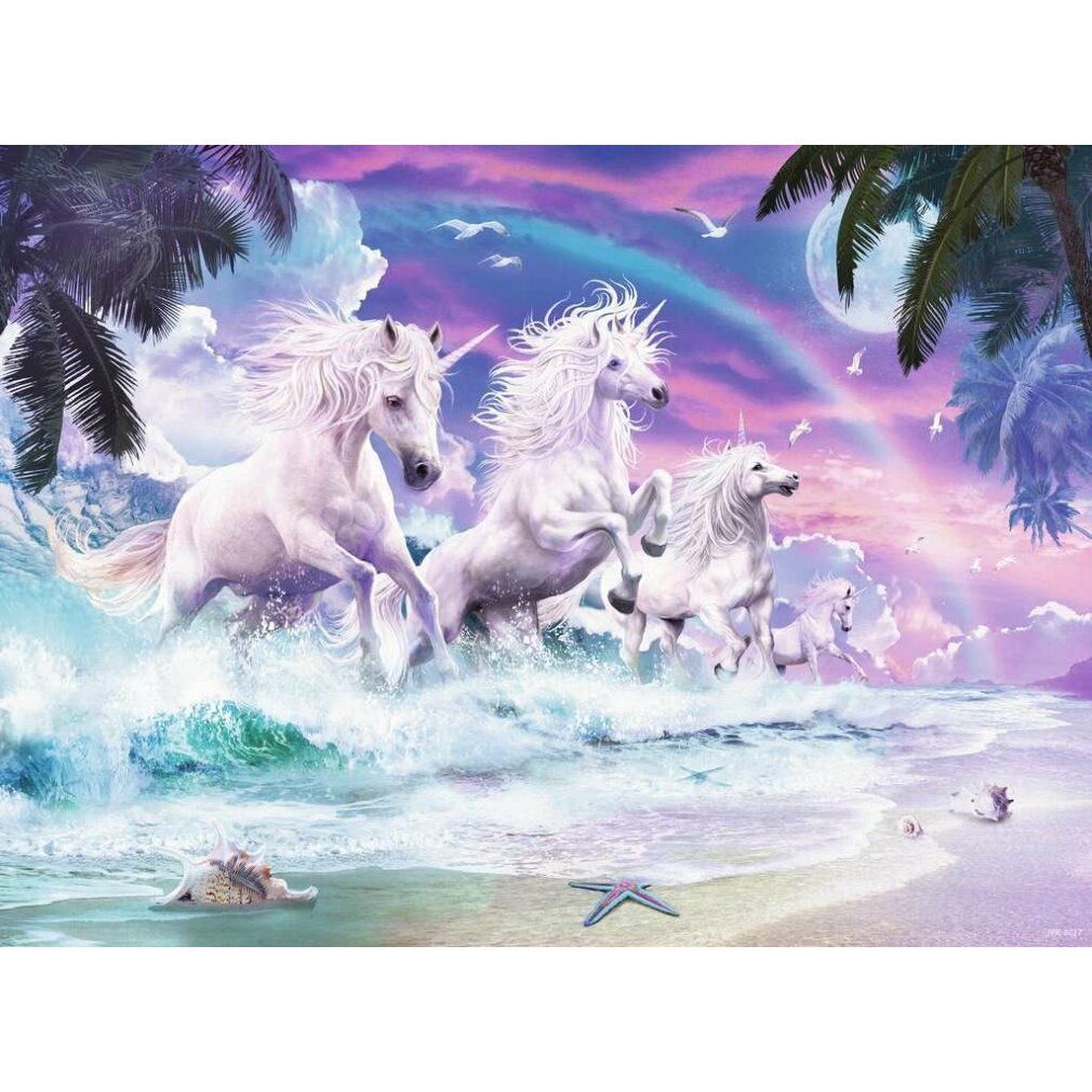 Puzzle con unicorni. Spiaggia con unicorni, arcobaleno e palme. 150 pezzi.