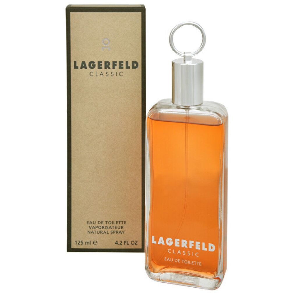 Flacone e confezione. Flacone rettangolare con tappo argentato. Liquido arancione. Scritta: Lagerfeld Classic.