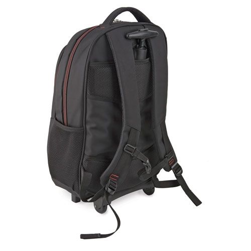 Retro dello zaino trolley. Spallacci imbottiti. Manico estensibile. Ruote. Dettagli rossi.