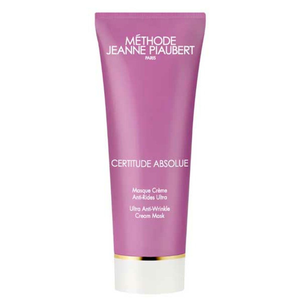 Tubo rosa con tappo bianco. Scritta: CERTITUDE ABSOLUE, Masque crème anti-rides ultra, Ultra anti-wrinkle cream mask. Marchio Jeanne Piaubert.