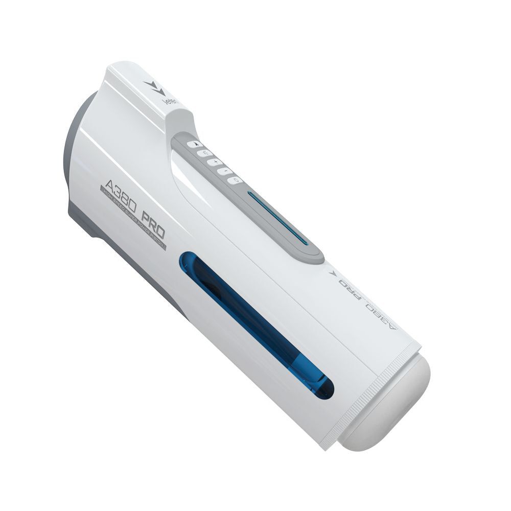 Dispositivo bianco con elementi grigi. Pannello comandi. Liquido blu visibile. Testo: A380 PRO. Vista obliqua.