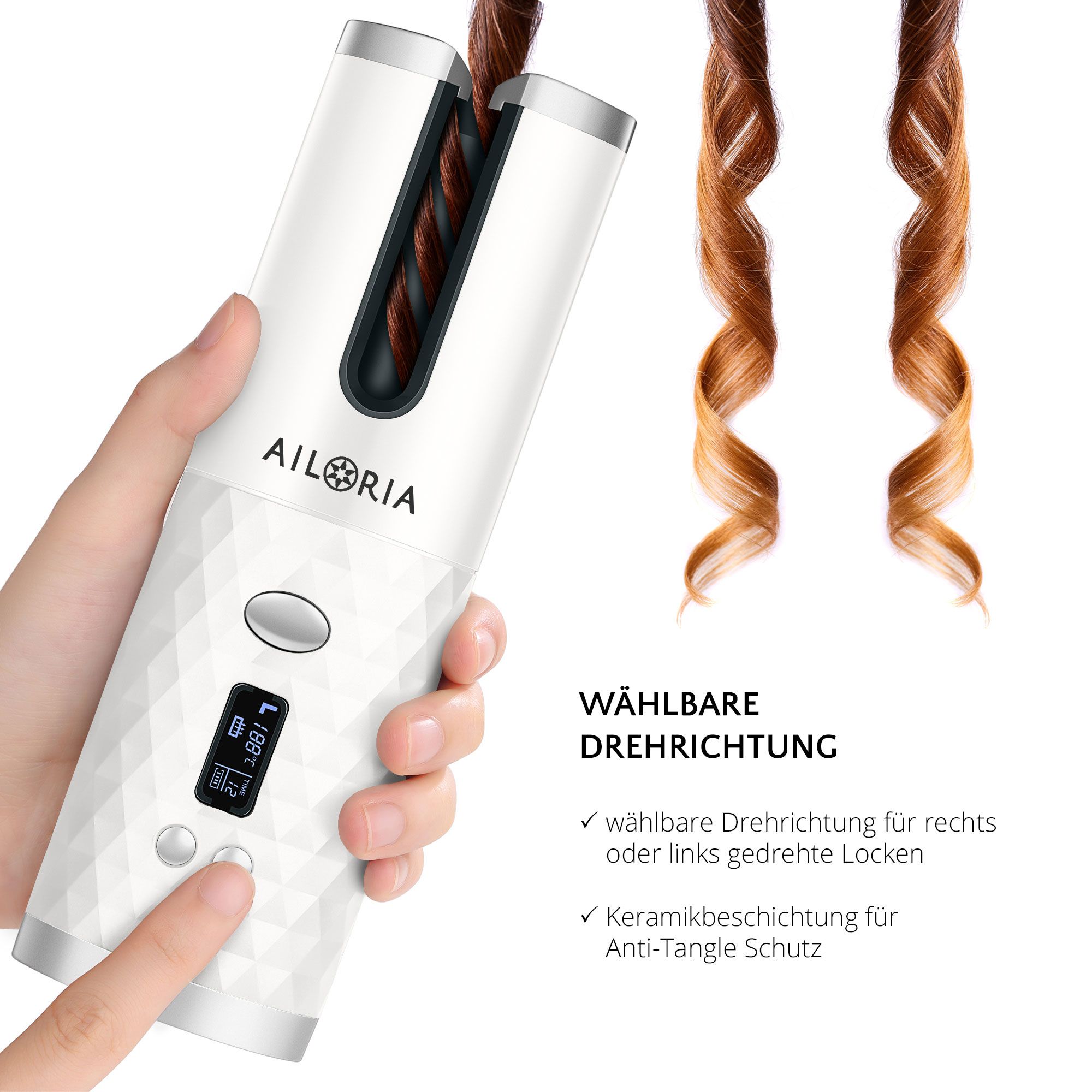 Arricciacapelli con ricci. Logo AILORIA. Direzione di rotazione selezionabile. Rivestimento ceramico. Display digitale.