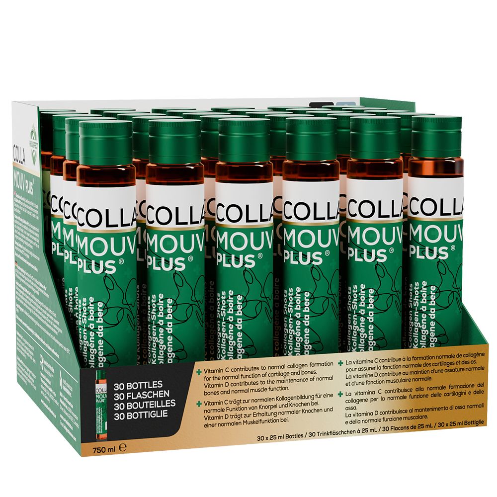 30 flaconi di Colla Mouv Plus Collagene Tipo II da bere in una scatola espositiva. Ogni flacone contiene Glucosamina, Condroitina e vitamine.