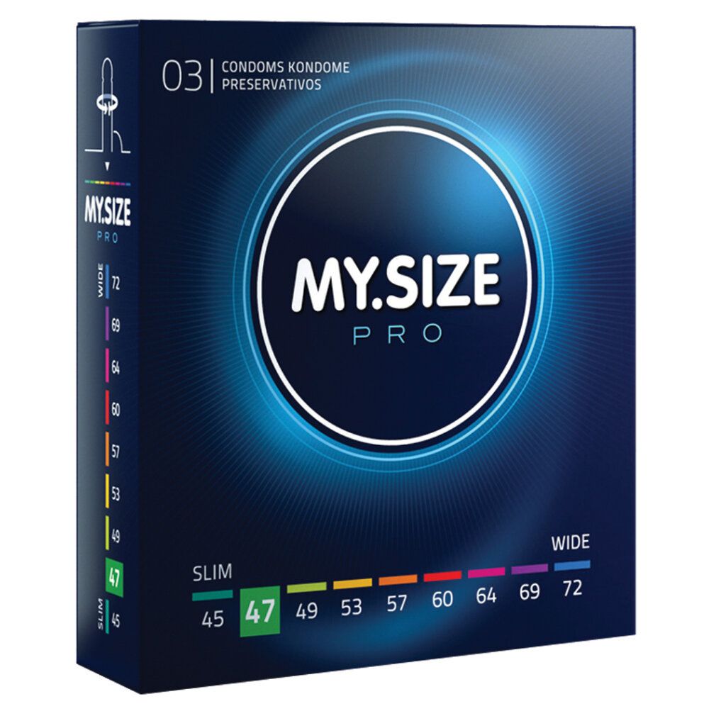 Confezione di preservativi MY.SIZE PRO. Taglie: 45, 47, 49, 53, 57, 60, 64, 69, 72 mm. 47 mm evidenziati.