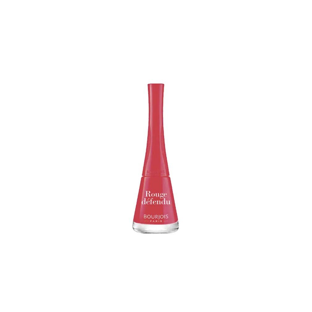 Flacone di smalto rosso. Scritta: Rouge défendu, Bourjois Paris. Flacone in vetro, tappo rosso.