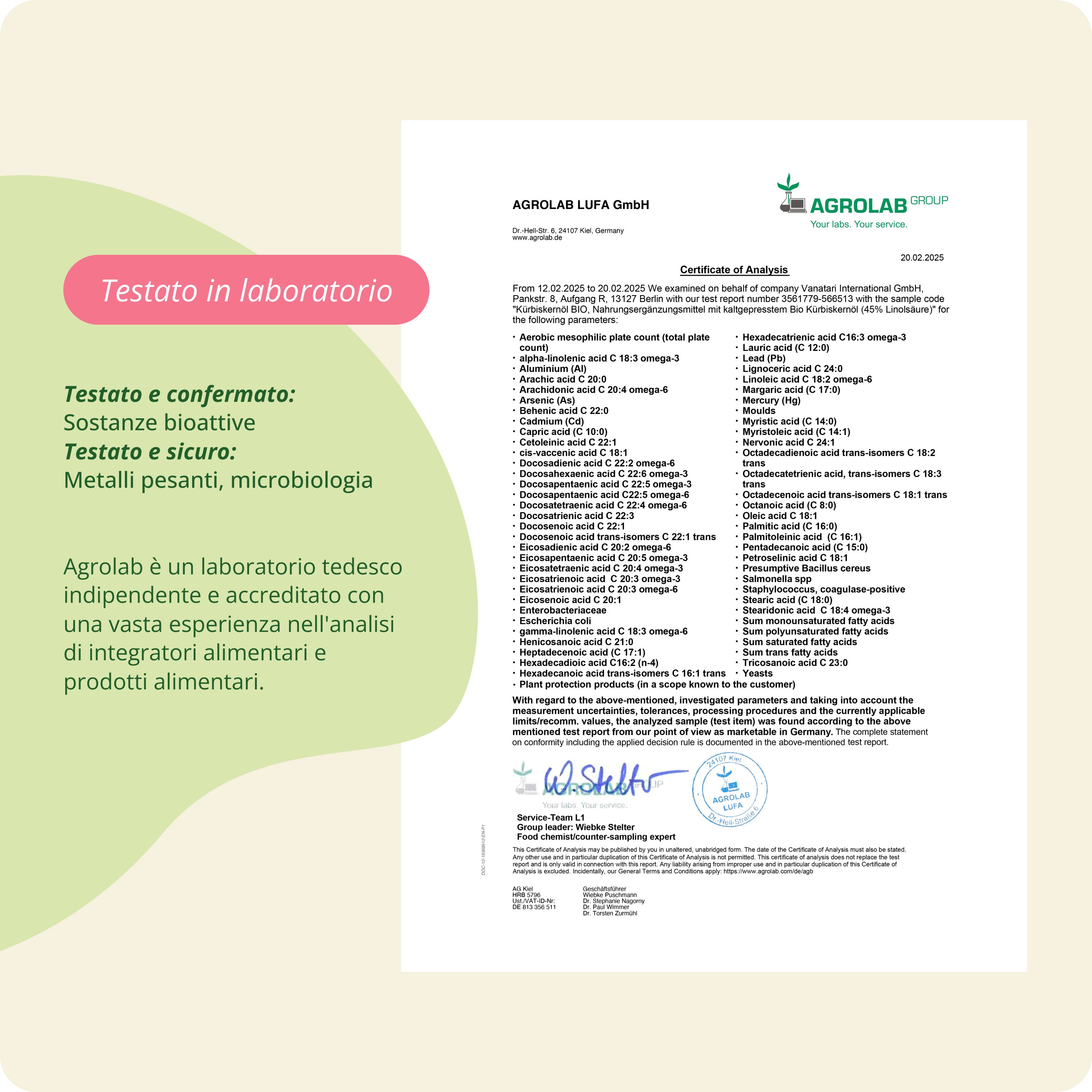 Rapporto di laboratorio Agrolab per capsule di olio di semi di zucca: test metalli pesanti e microbiologia.