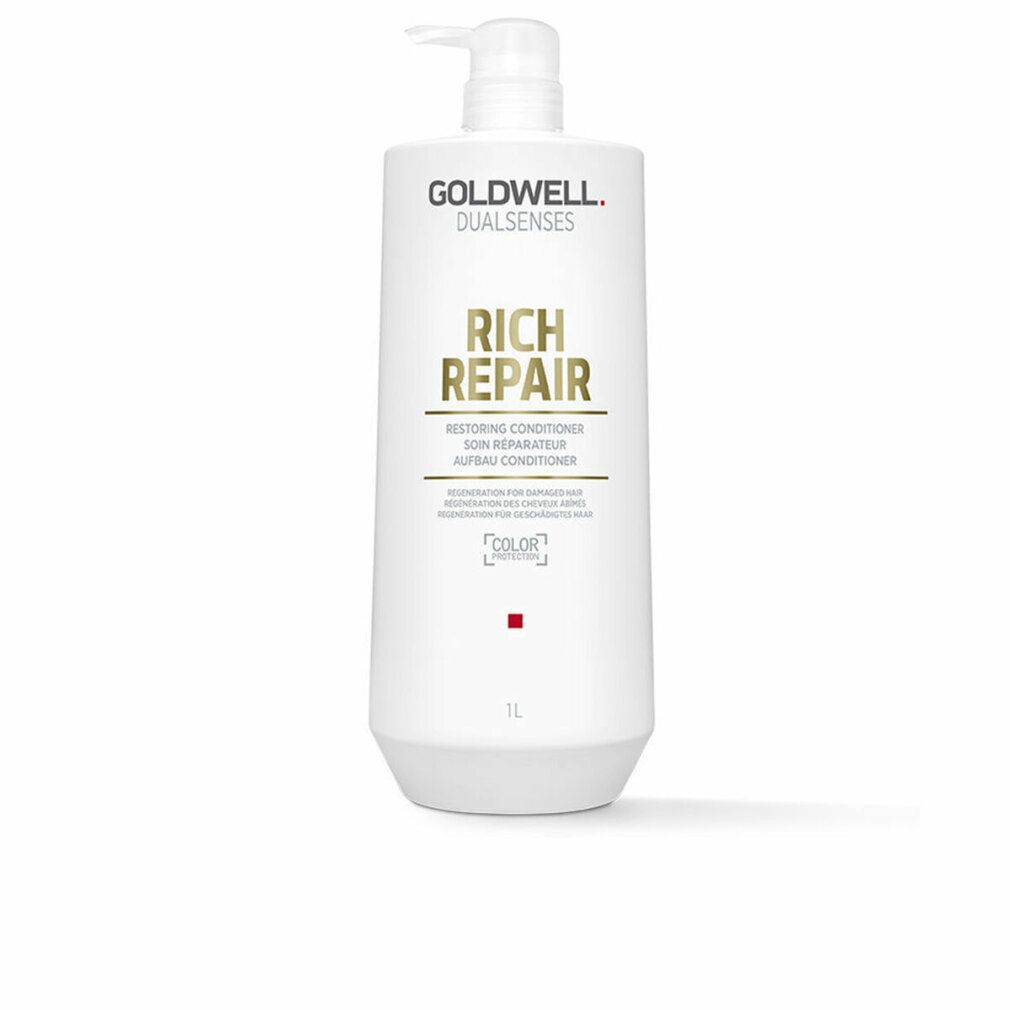 Flacone bianco con dosatore. Scritta: Goldwell Dualsenses Rich Repair Restoring Conditioner. 1L.