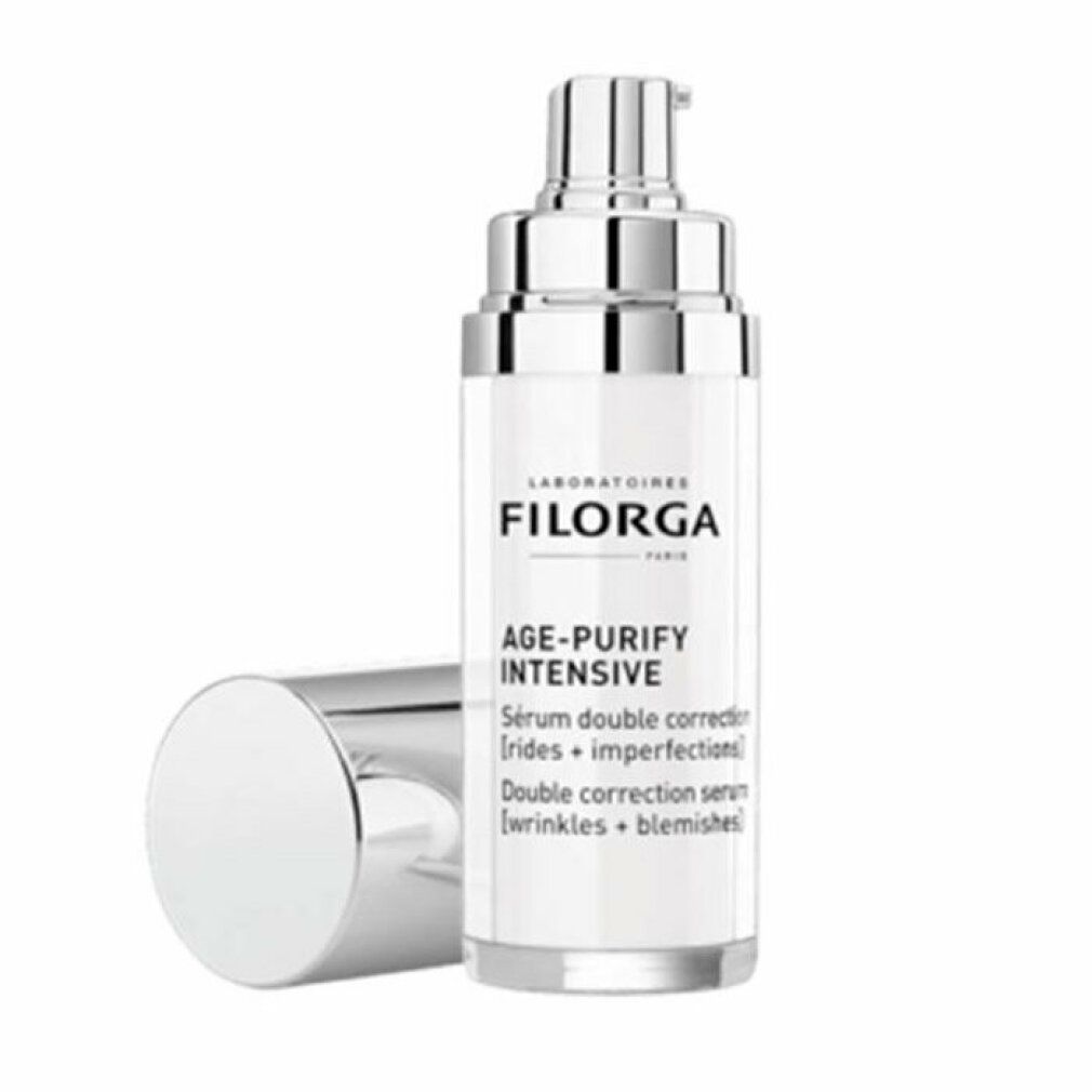 Siero Filorga Age-Purify Intensive. Flacone con tappo e pompa argentati. Tappo accanto. Testo visibile.