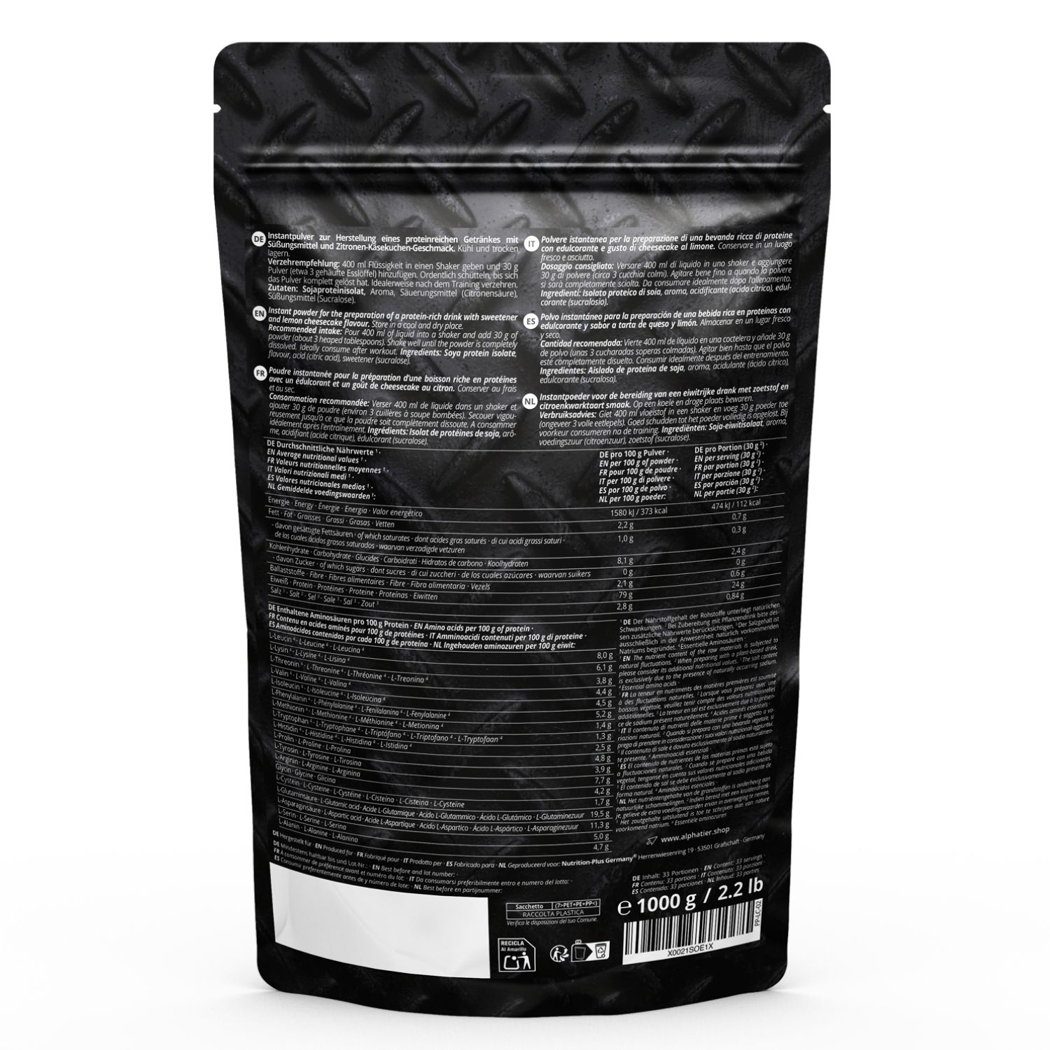 Retro di una confezione di polvere proteica nera con testo in più lingue. Contiene informazioni nutrizionali e ingredienti.