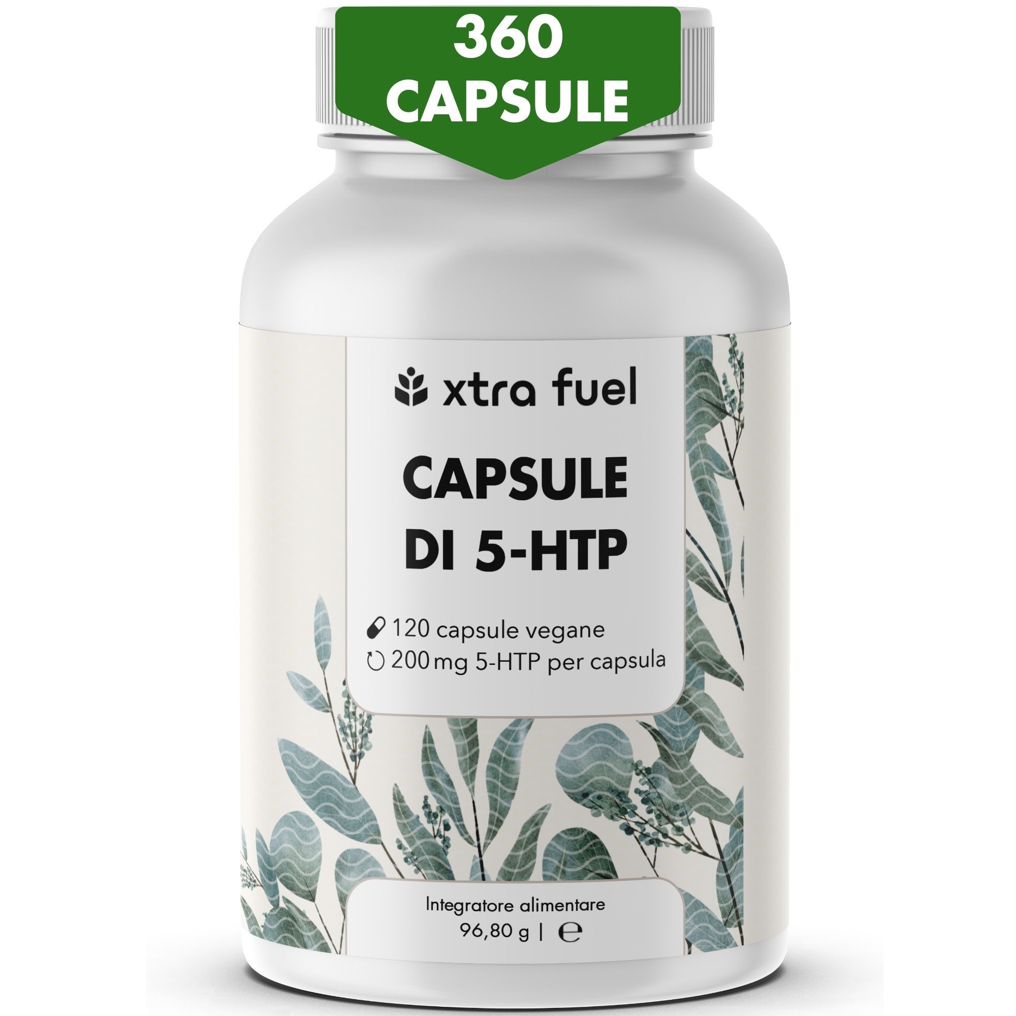 Flacone bianco di capsule. Scritta: XTRA FUEL CAPSULE DI 5-HTP. 120 capsule vegane, 200mg 5-HTP. Adesivo verde: 360 CAPSULE.