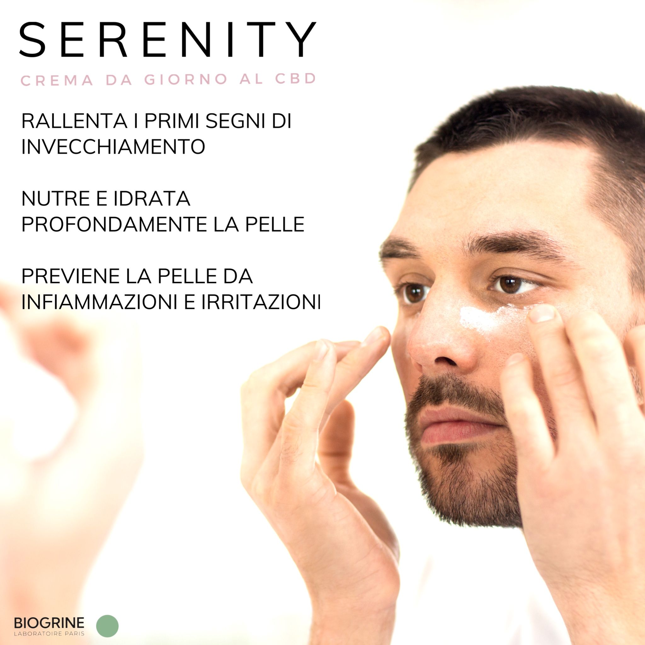 Uomo applica crema. Testo: Rallenta i primi segni dell'invecchiamento. Nutre e idrata. Previene.