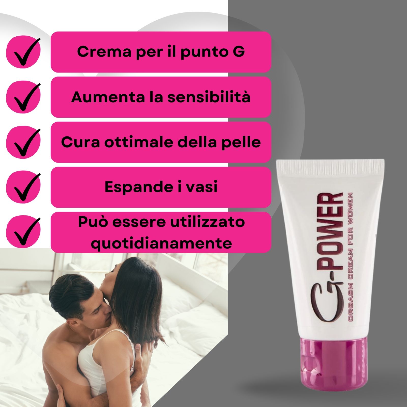 Tubo di crema G-POWER. Testo: Crema orgasmica per donne. Colori rosa e bianco. Coppia sullo sfondo.