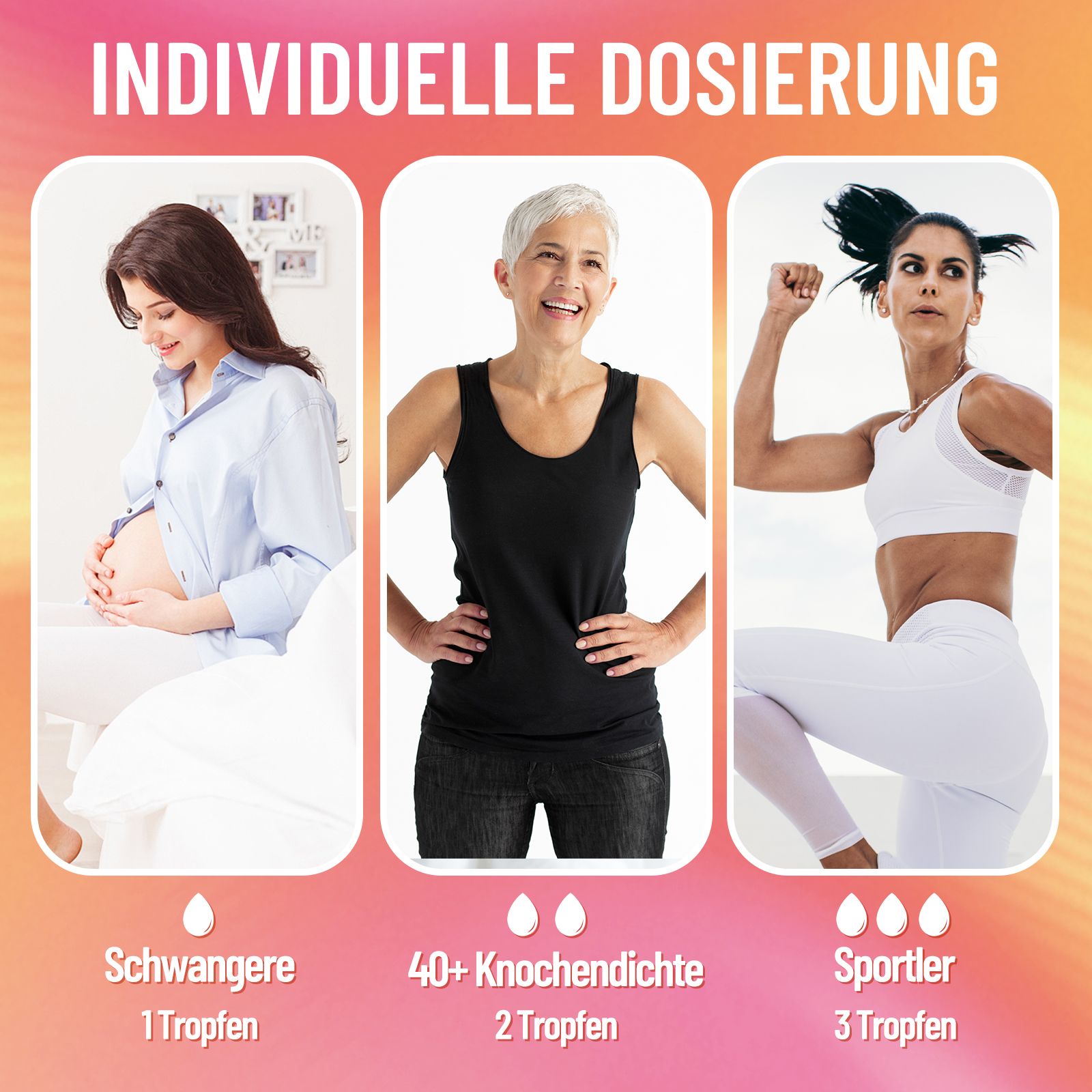 Tre donne in diverse fasi della vita che mostrano il dosaggio individuale di vitamina D3/K2.