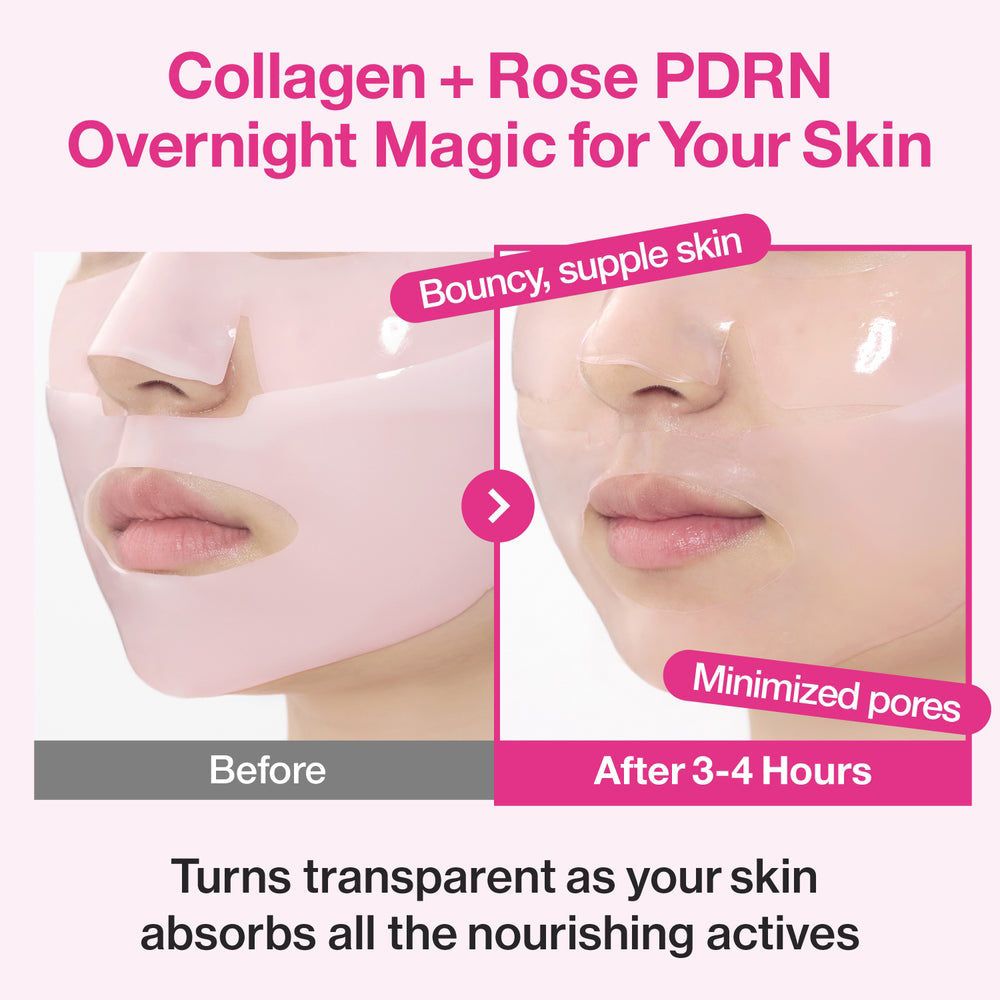 Confronto prima/dopo della pelle con la maschera idrogel collagene notte Nr.2 Rose PDRN di NUMBUZIN.