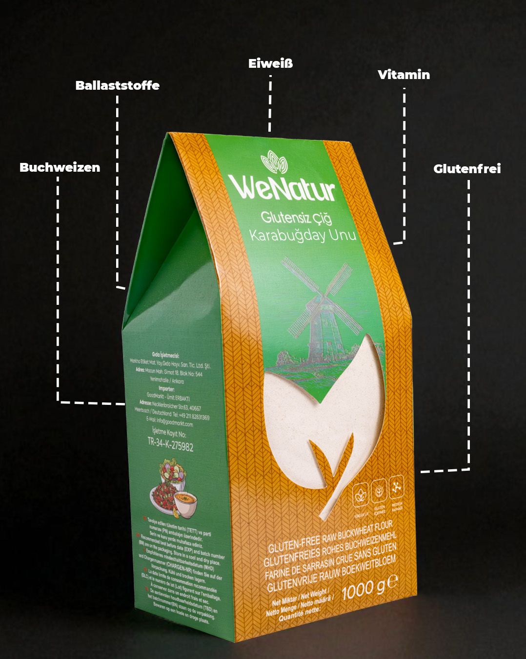 Confezione di farina di grano saraceno WeNatur con evidenziate informazioni nutrizionali.