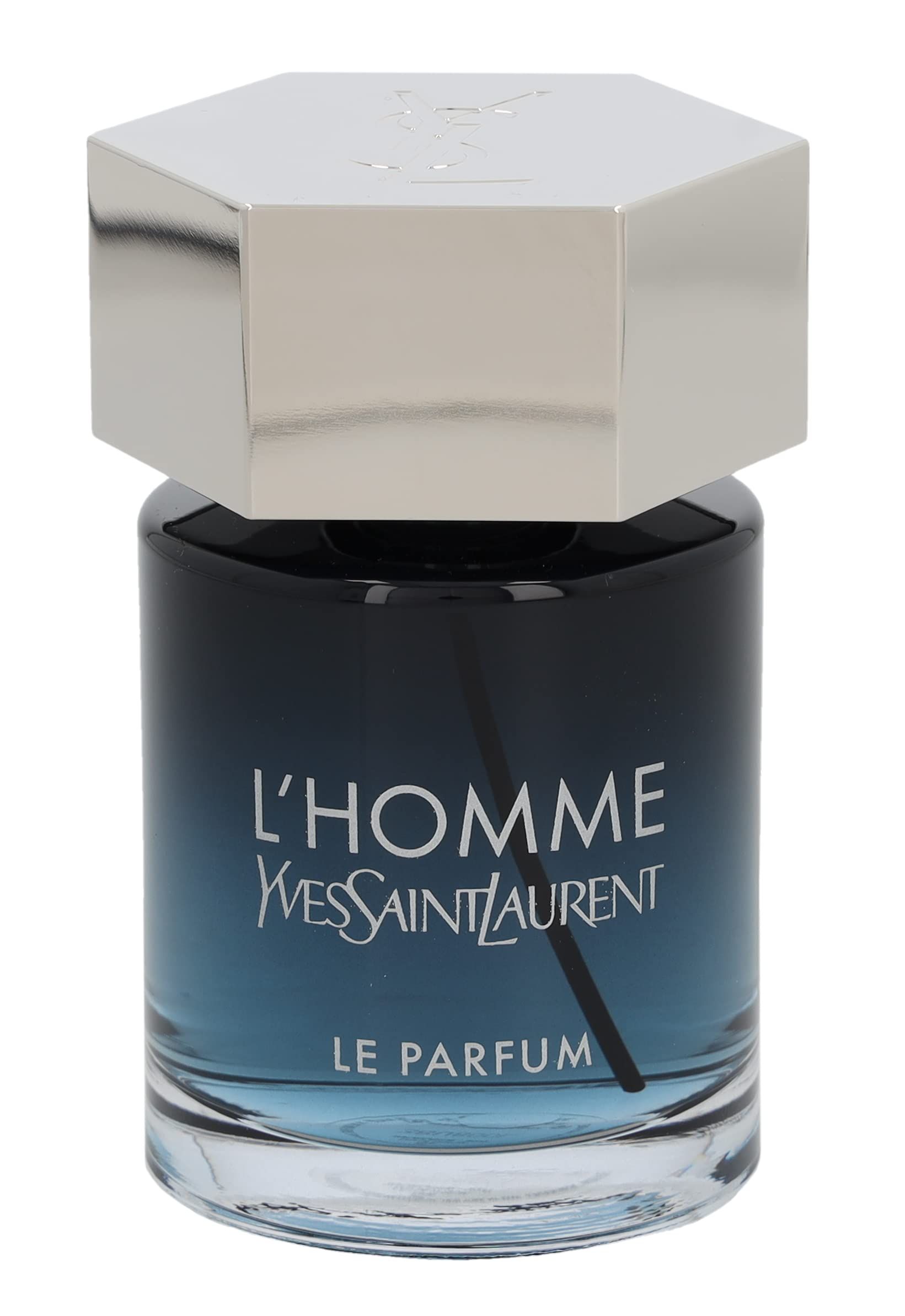 Flacone rotondo con tappo argentato. Scritta: L'HOMME, Yves Saint Laurent, LE PARFUM. Sfumatura blu a trasparente.
